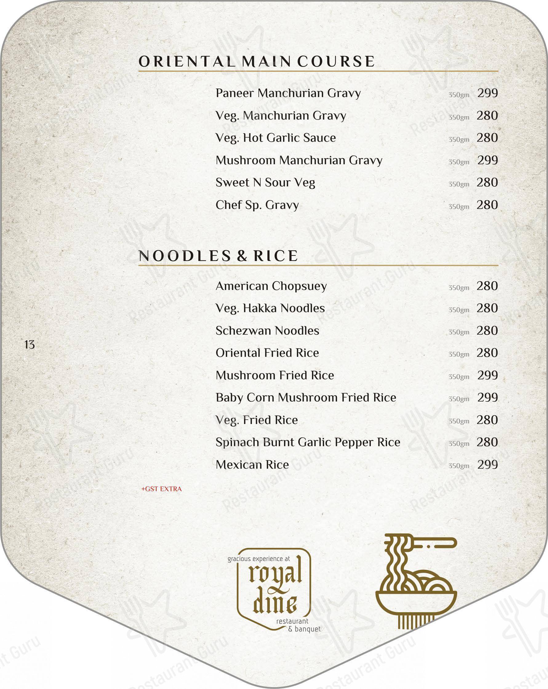 Menu for the Royal Dine Pal RTO Restaurant Banquet restaurant