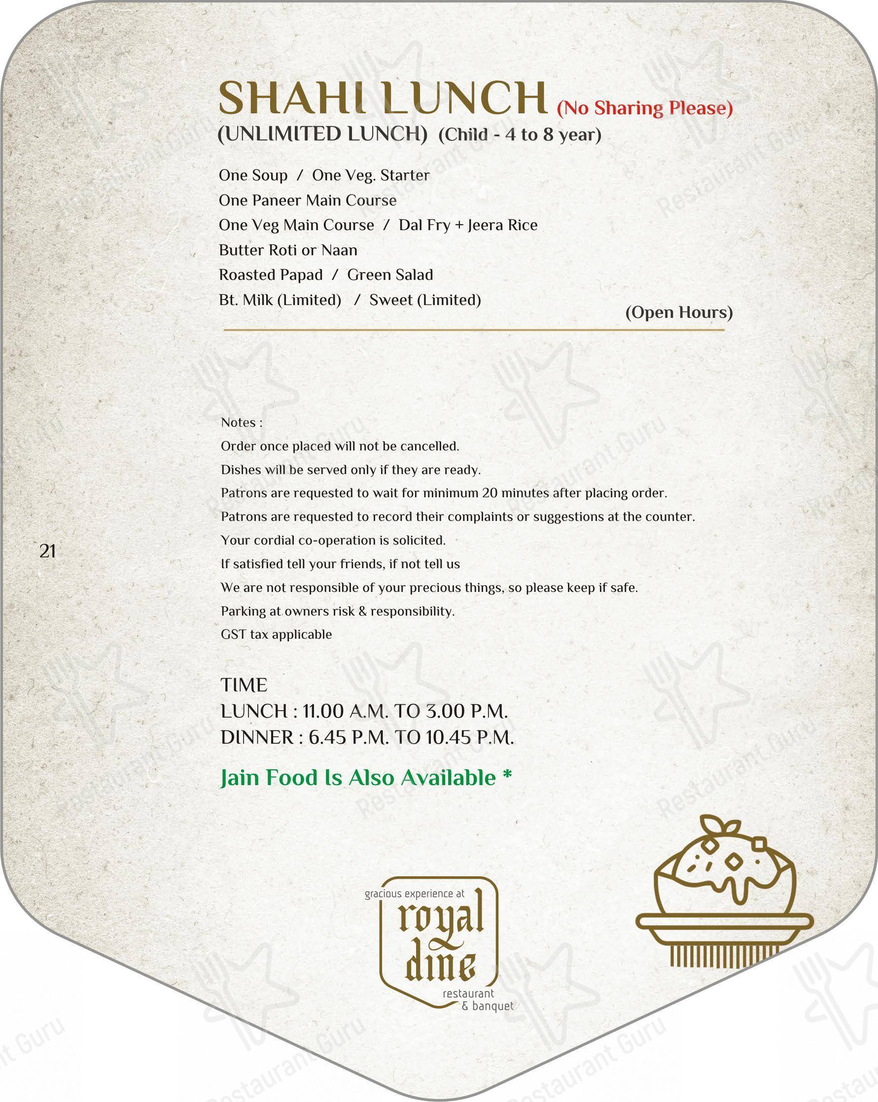 Royal Dine Pal RTO Restaurant Banquet - Menu