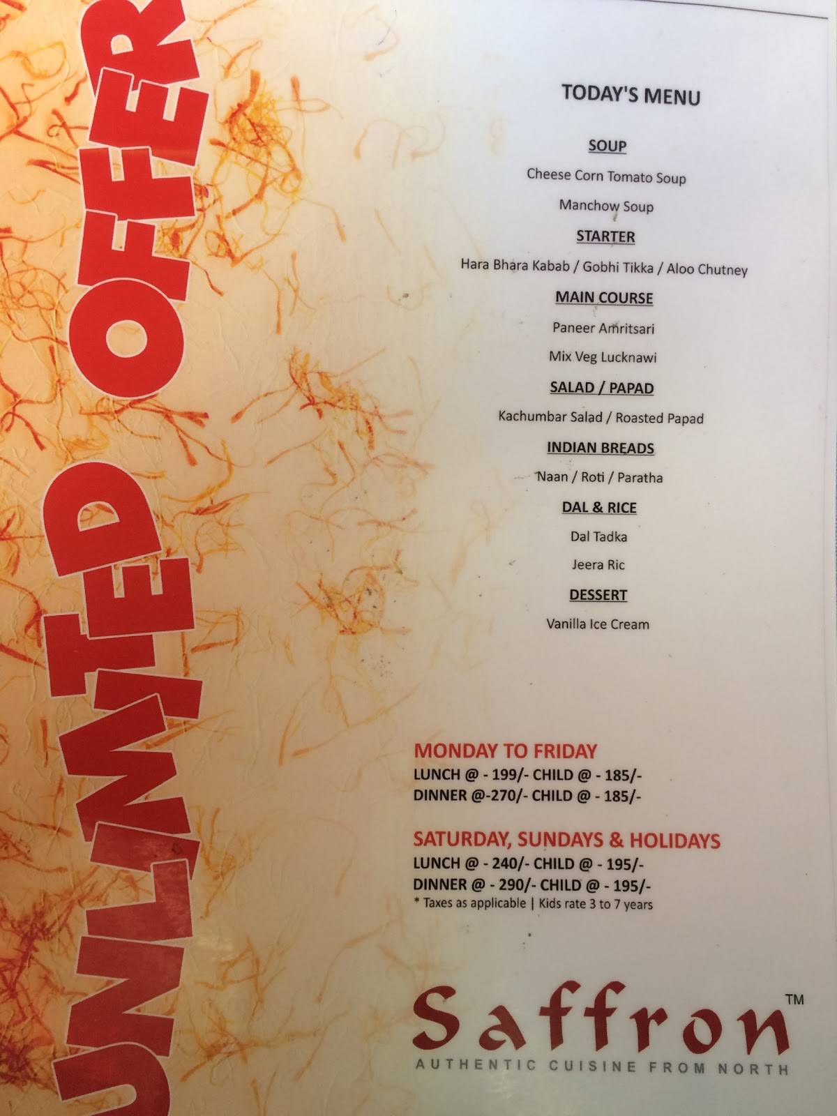 Menu at Saffron Restaurant, Vadodara, 02