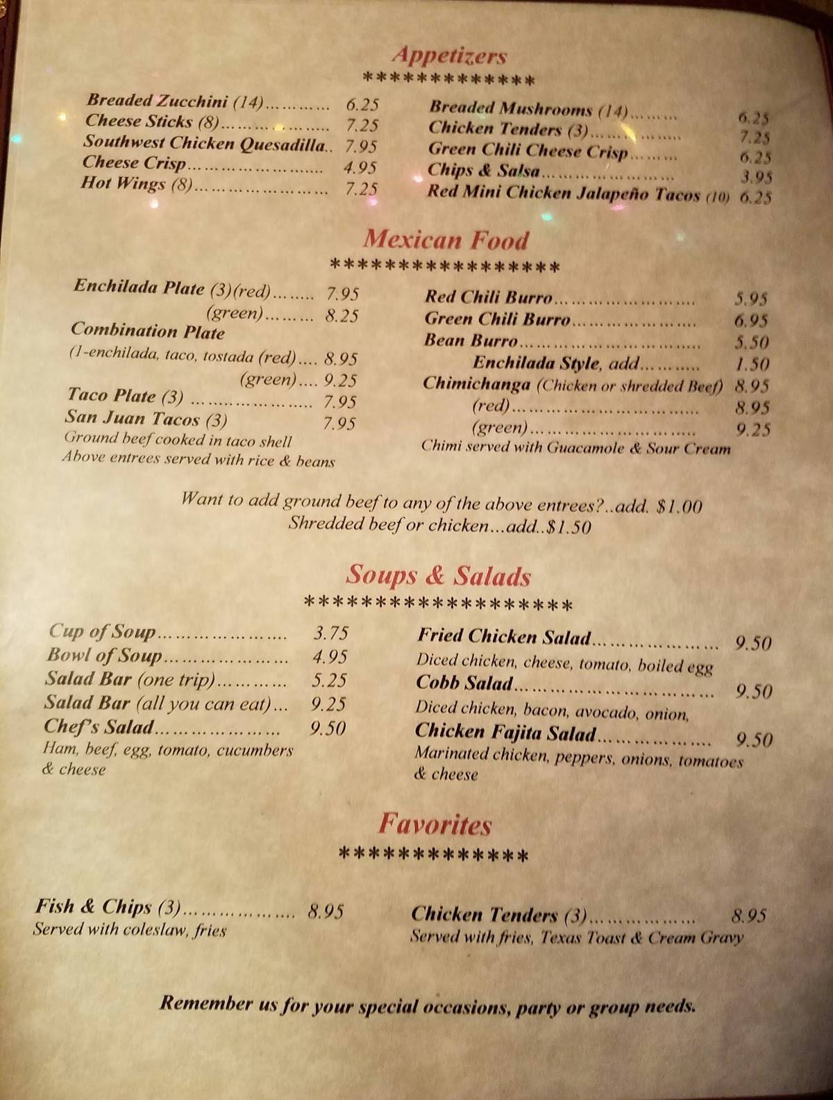 Menu at Safire Restaurant & Lounge, Springerville