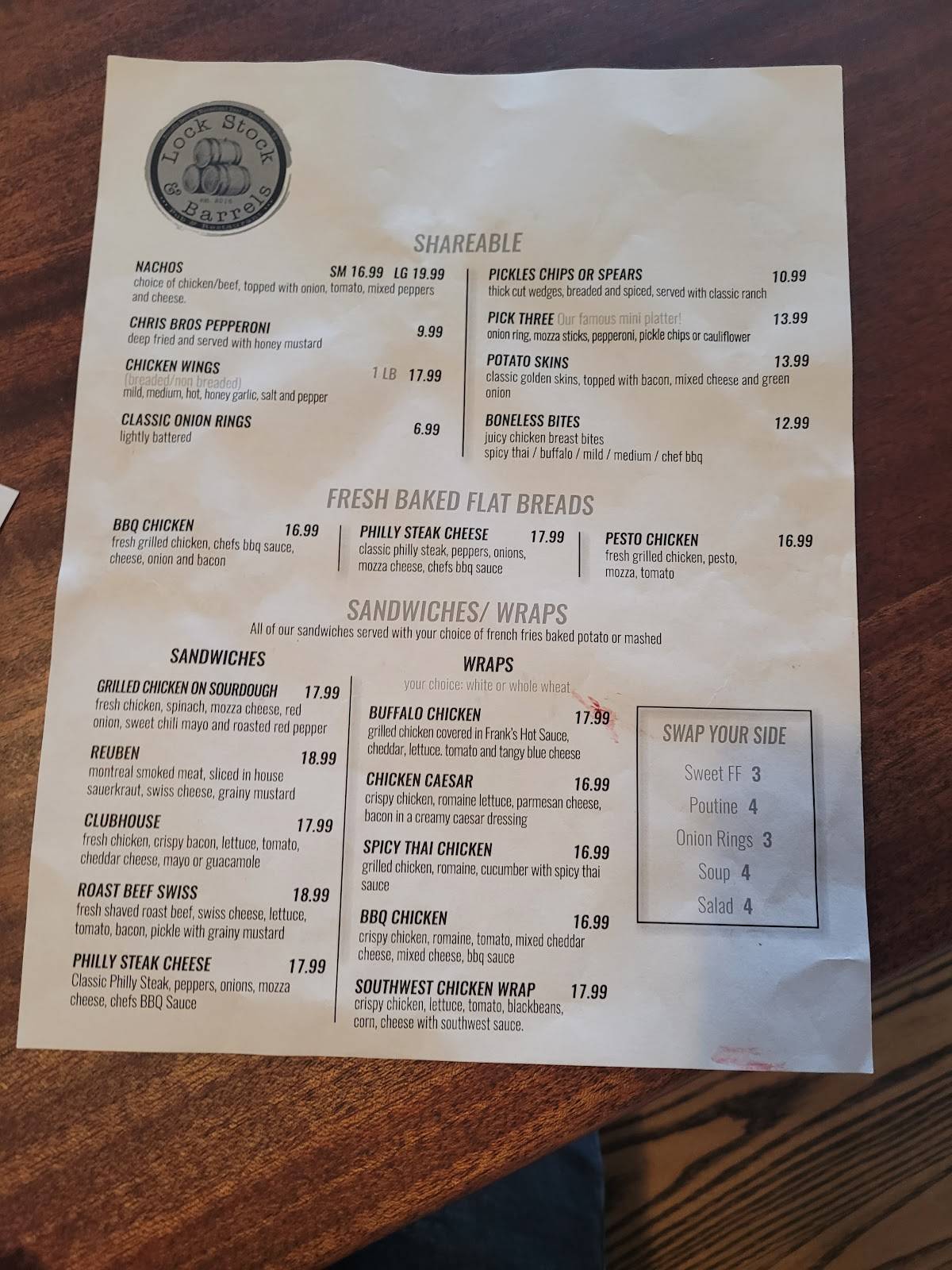 Menu at Lock Stock and Barrels, Saint John
