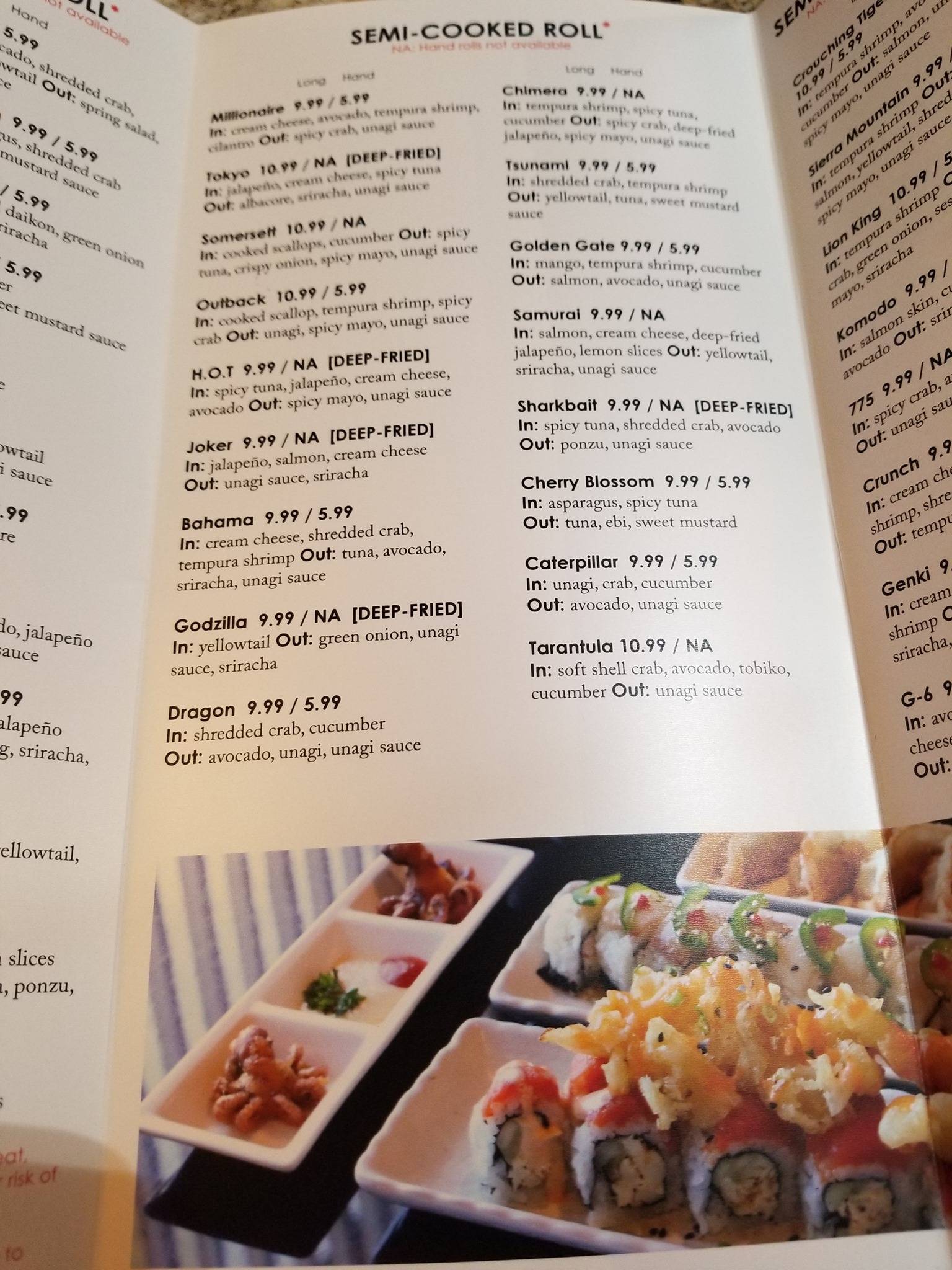 Menu at Sakana restaurant, Reno, Town Square Way