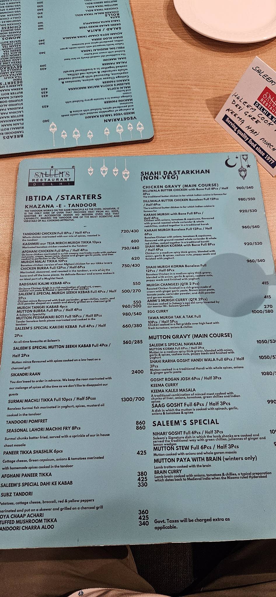 Saleem Restaurant menu