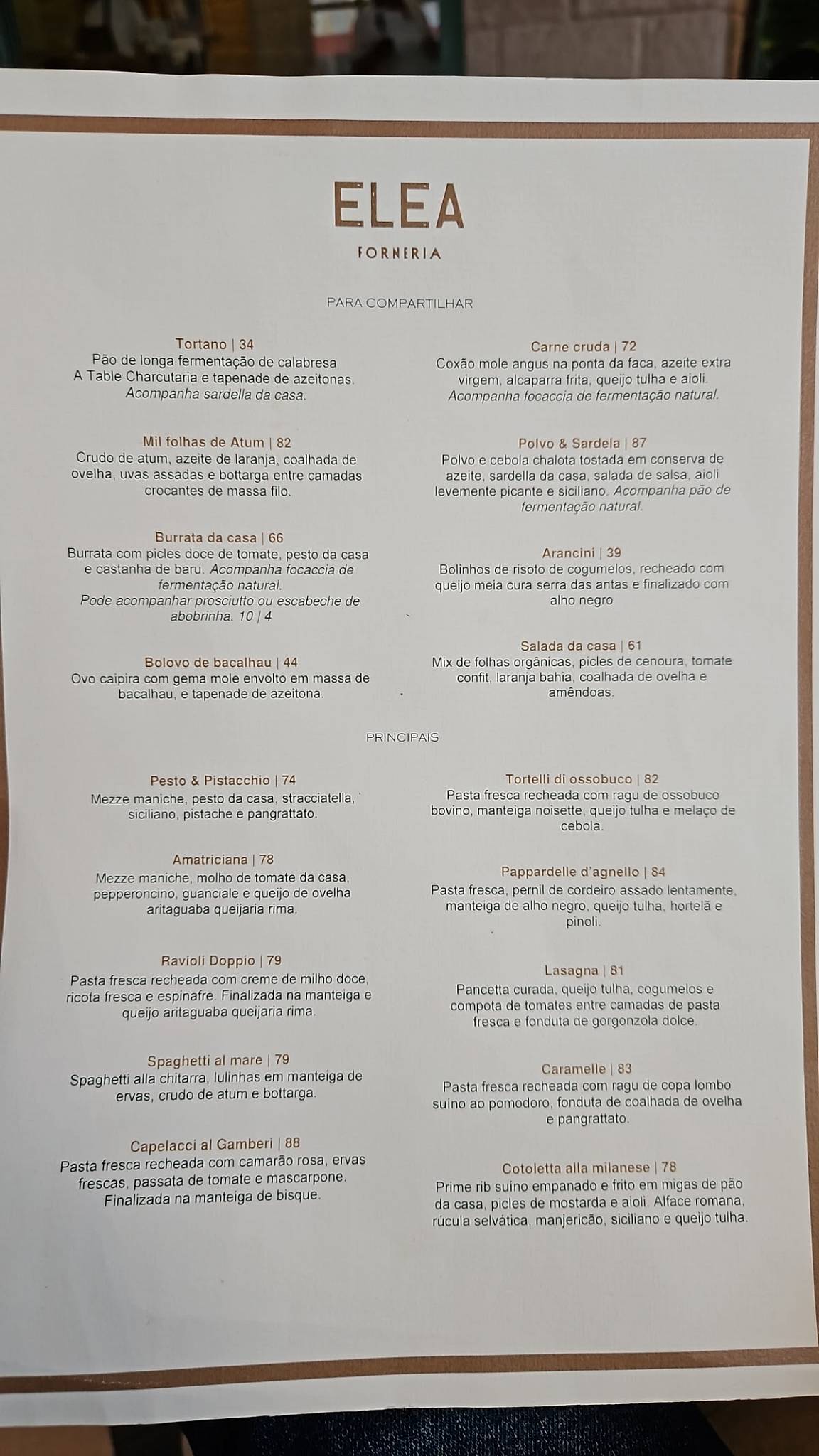 ELEA Forneria cardápio