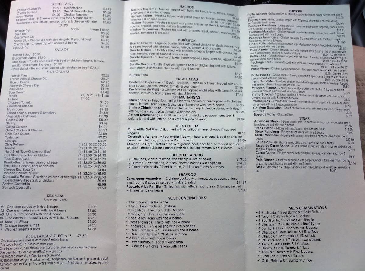 Menu at Sazon Mexican Restaurant, Hazard