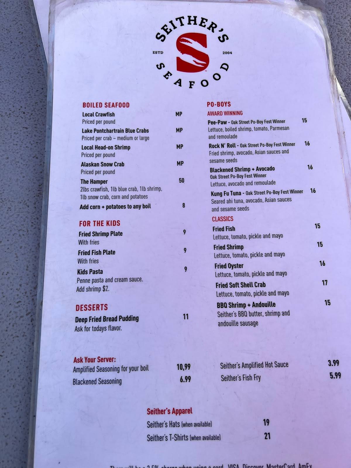 Menu at Seithers Seafood restaurant, Harahan