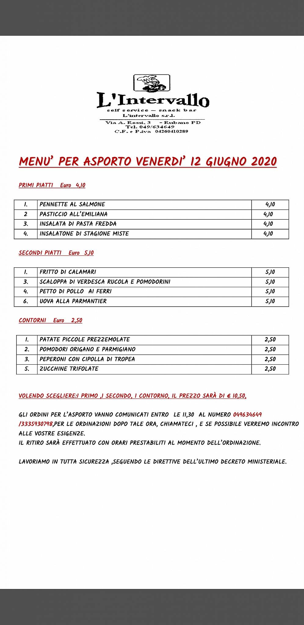Menu di Self Service L' Intervallo 