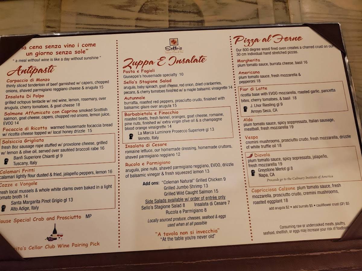 Menu at Sello's Italian Oven & Bar, Ocean City