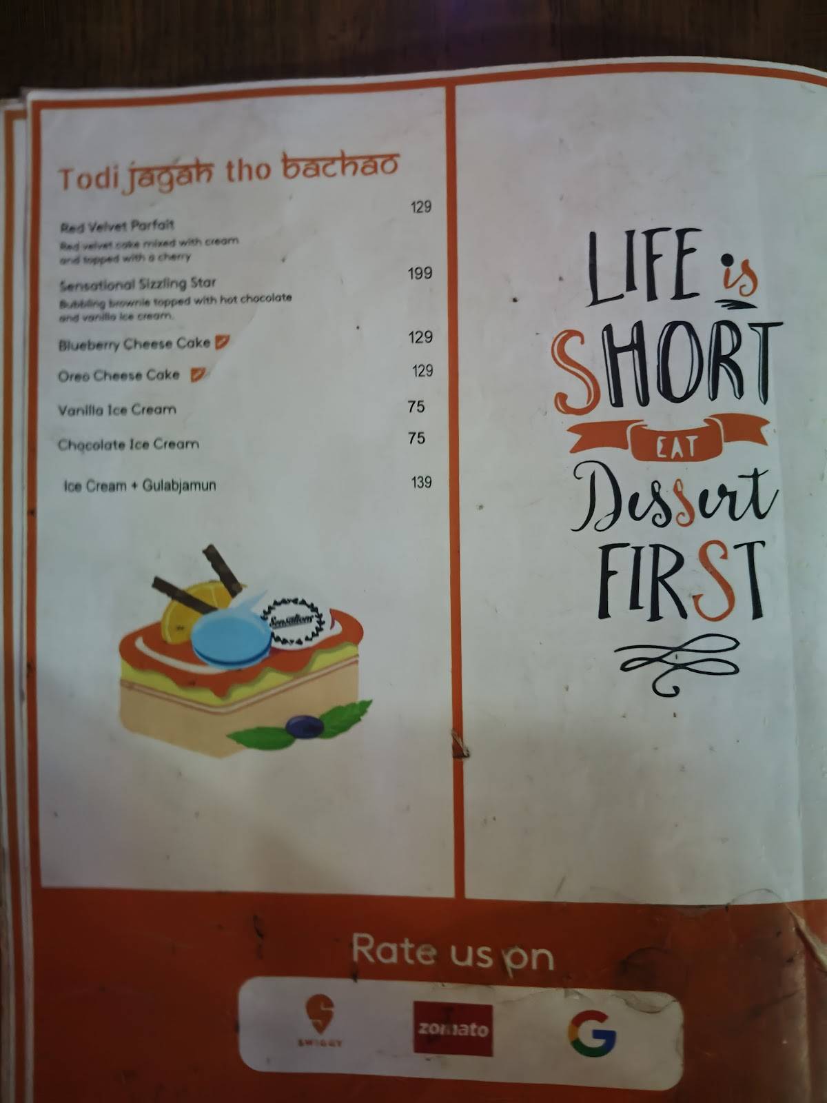 Sensations Bistro menu