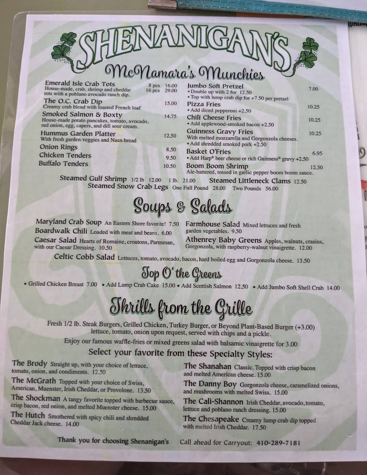 Menu at Shenanigan's Irish Pub, Ocean City
