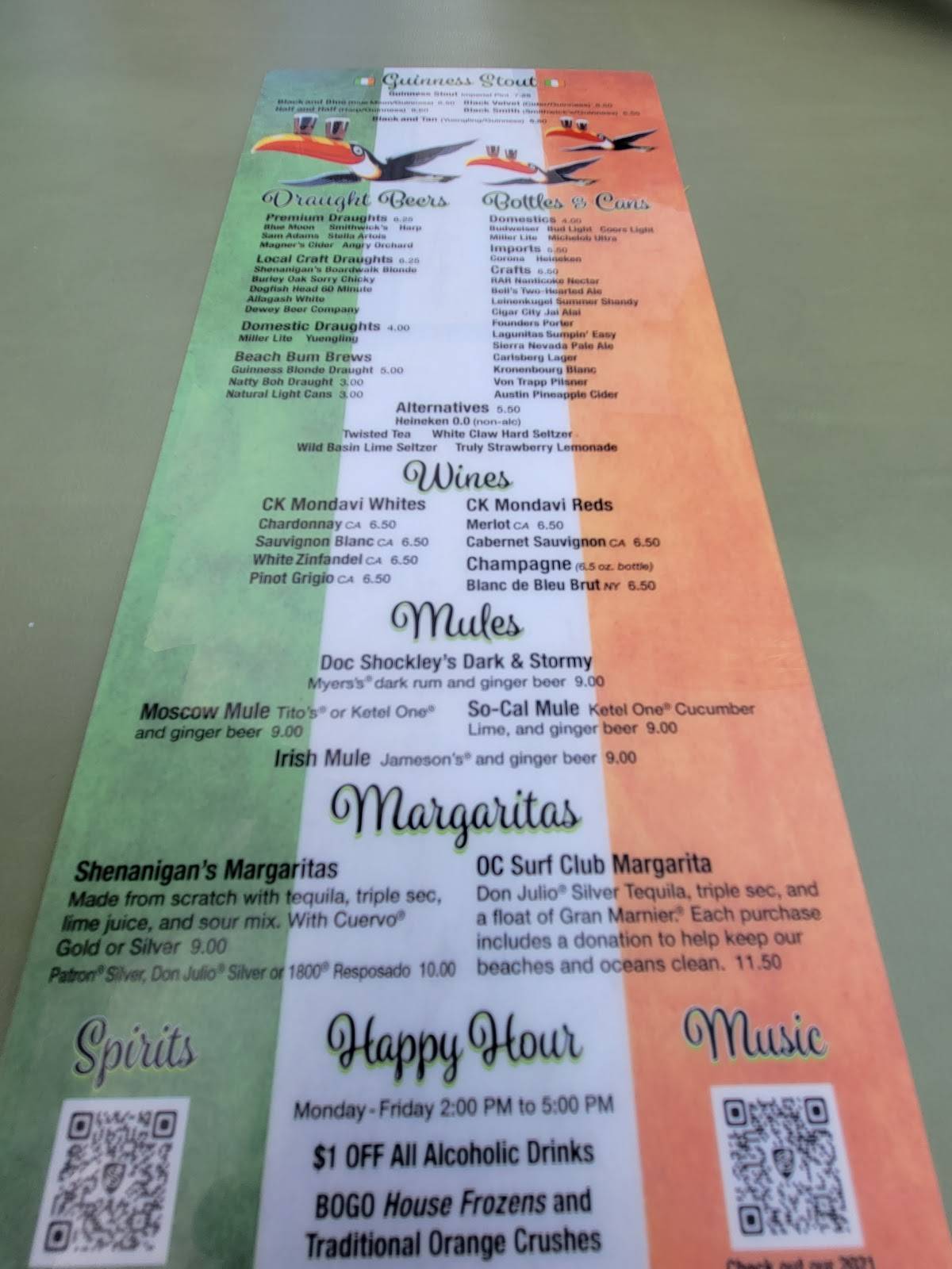 Menu at Shenanigan's Irish Pub, Ocean City