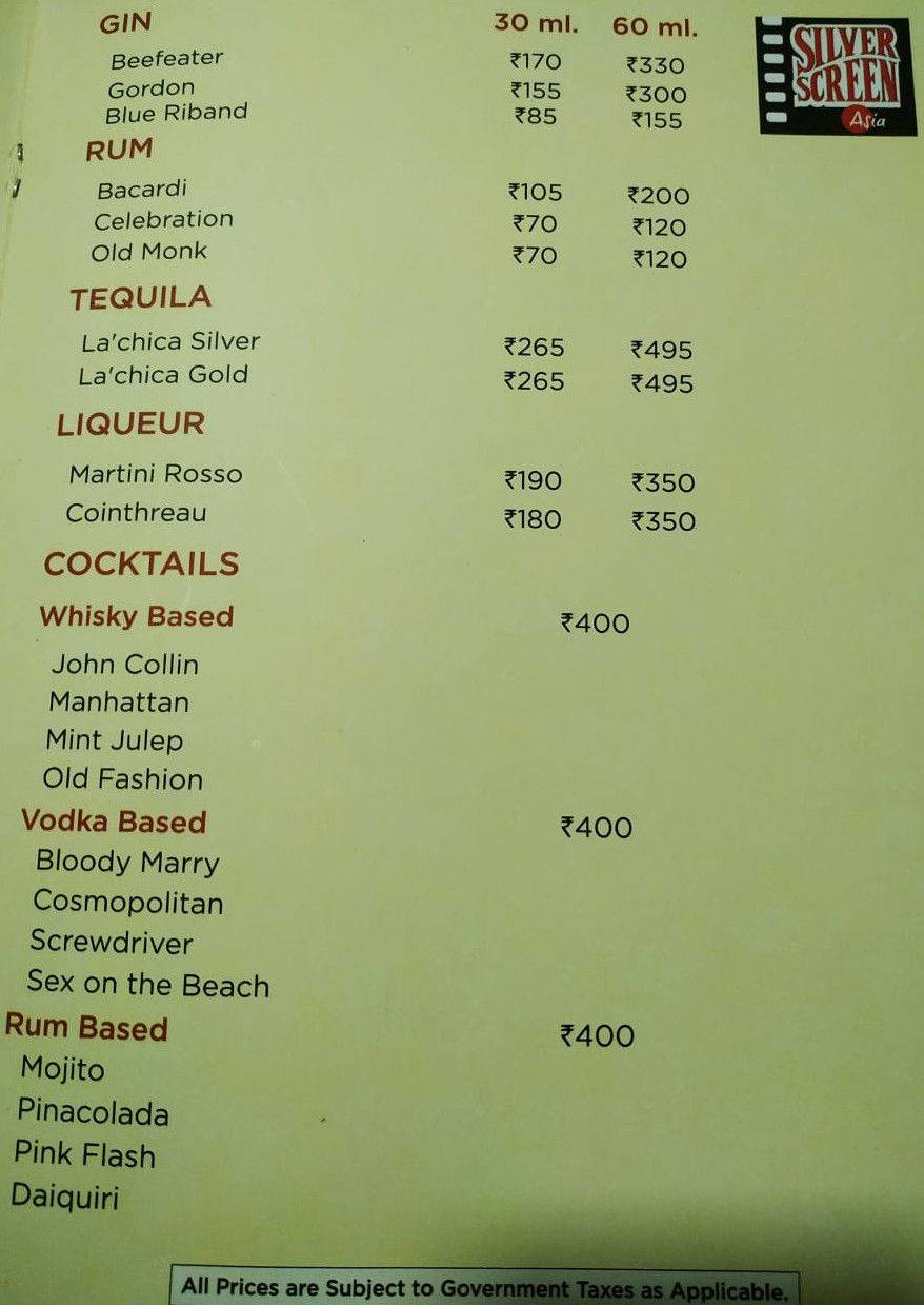 Silver Screen Asia menu