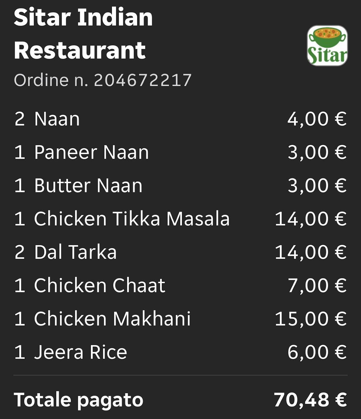 Menu di Sitar Indian Restaurant 