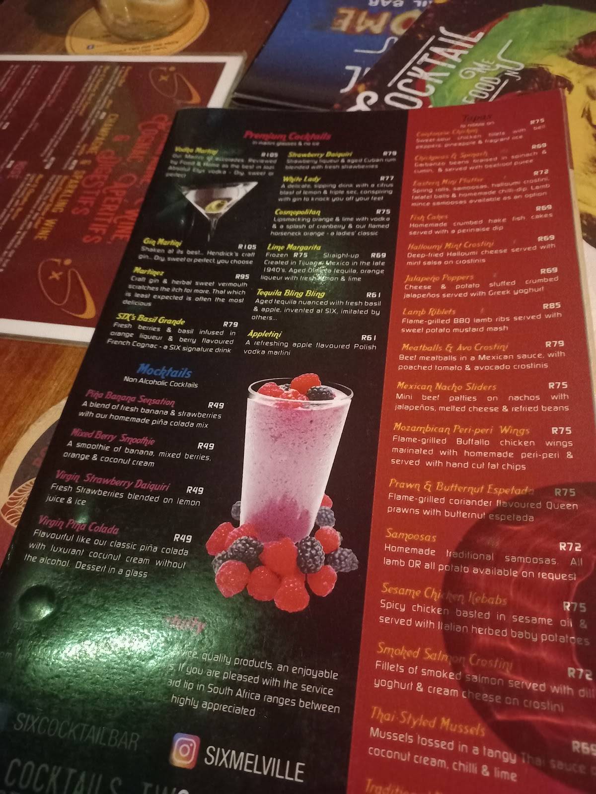 Menu at Six Cocktail Bar, Johannesburg