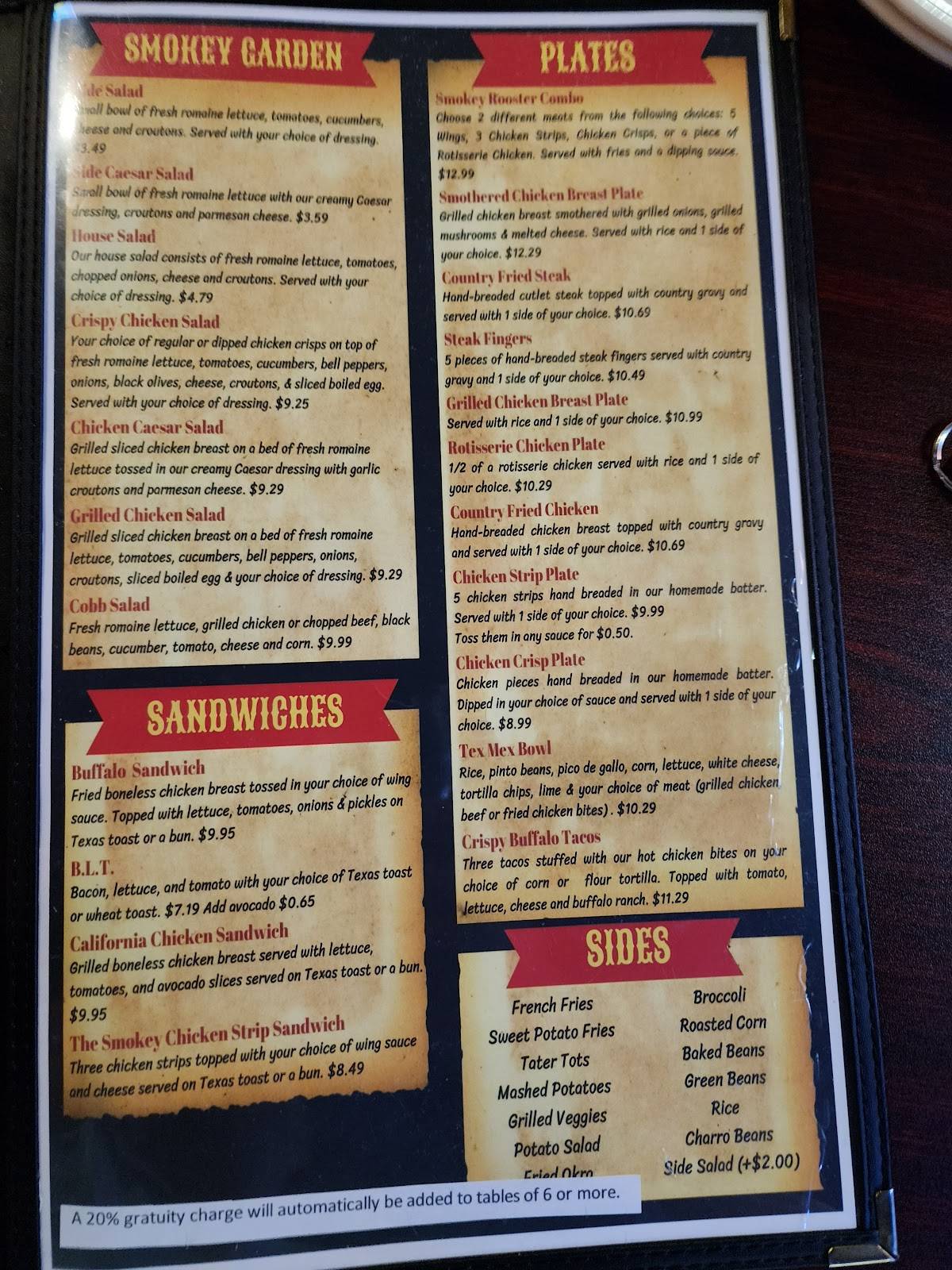 Menu at Smokey Rooster bar and grill, Corpus Christi