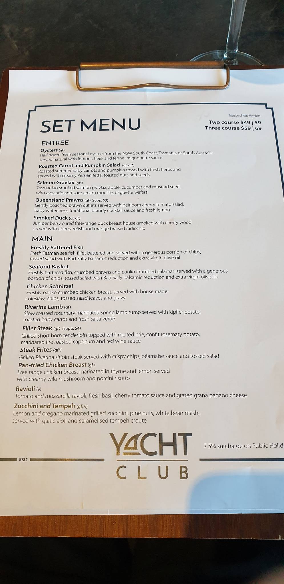 Southern Cross Yacht Club menu