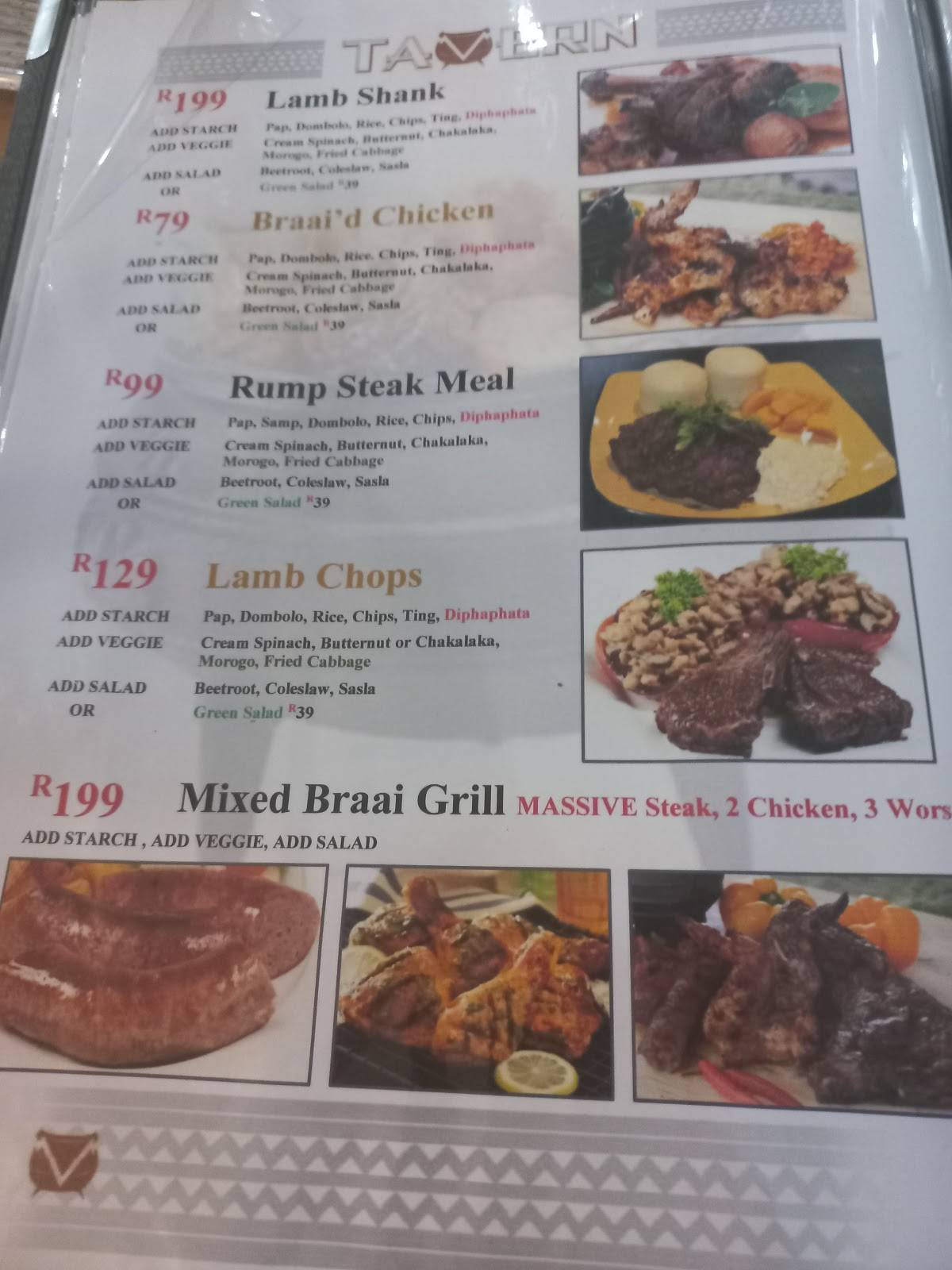 Menu at Tavern Restaurant, Soweto, Chris Hani Rd