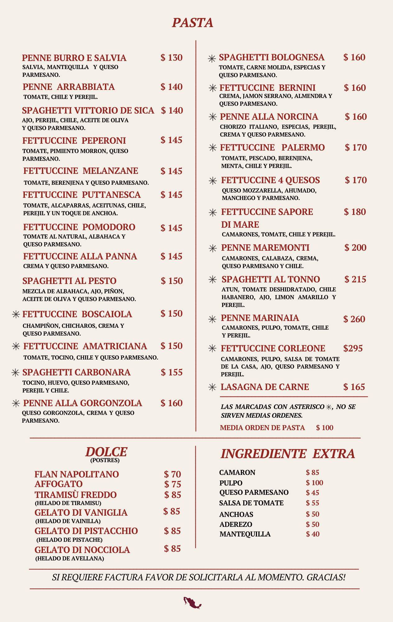 Carta del restaurante Spaghetteria La Piccola Italia, Morelia