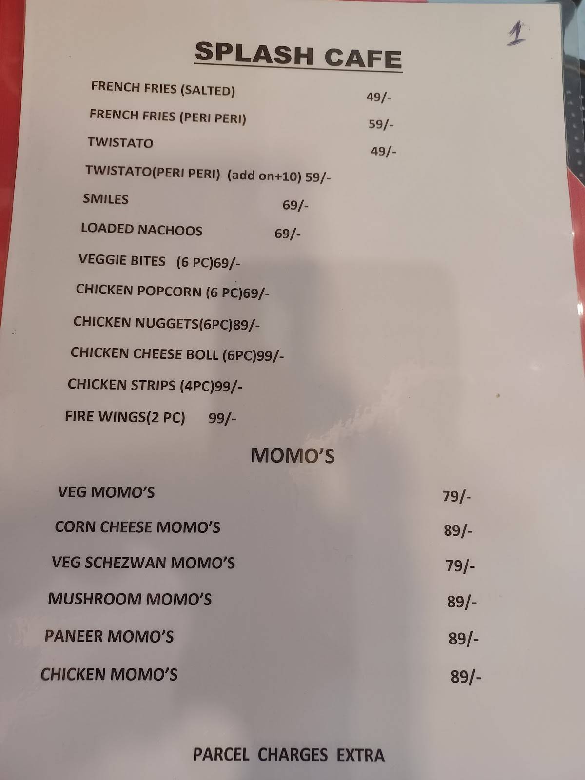 Menu at Splash cafe, Bengaluru, 2GX3+F84