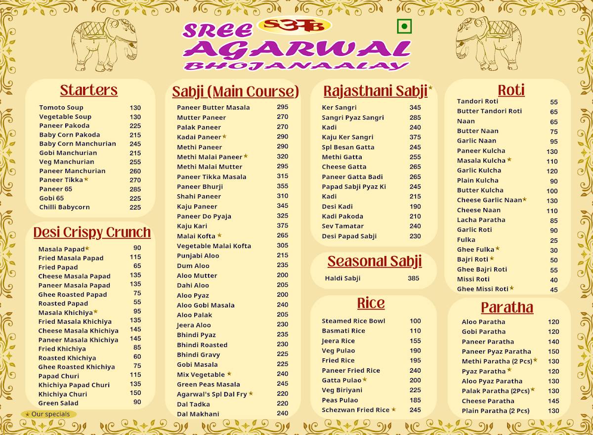 Sree Agarwal Bhojanaalay menu