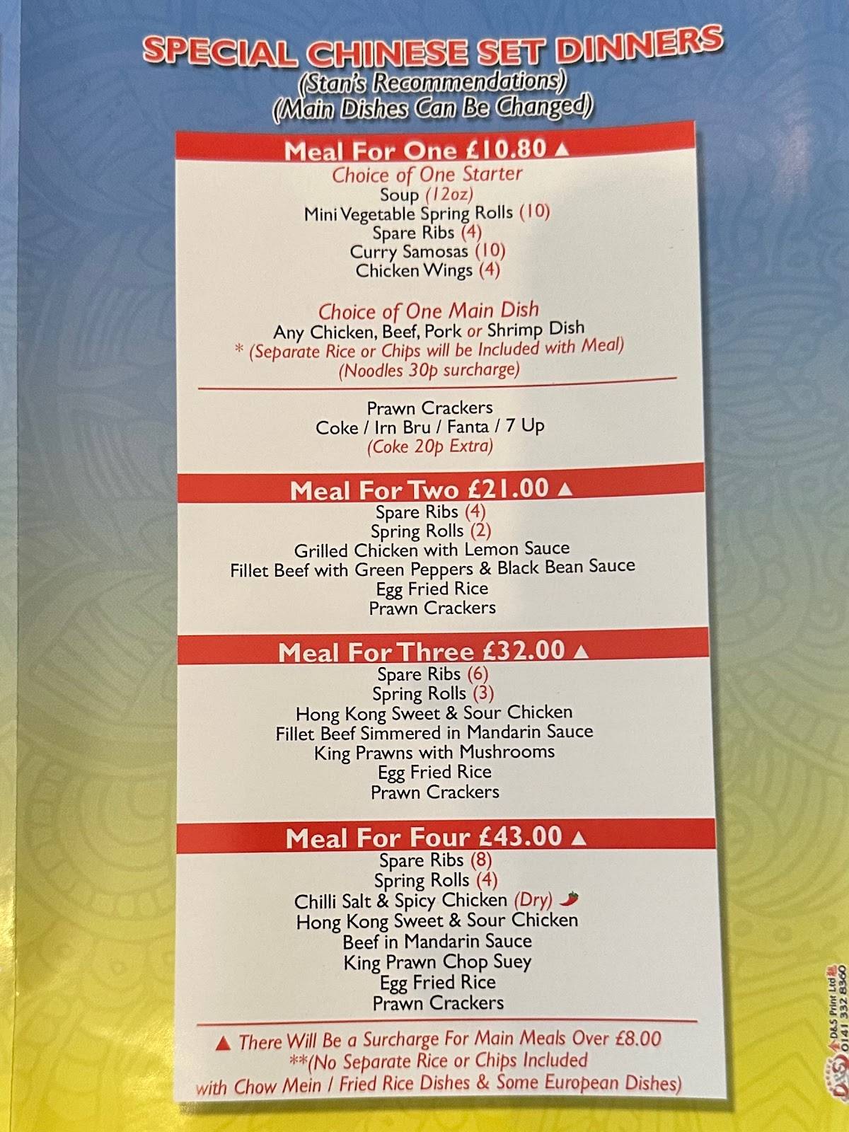 Menu at Stan's Chinese Takeaway fast food, Glasgow, 1349 Springburn Rd