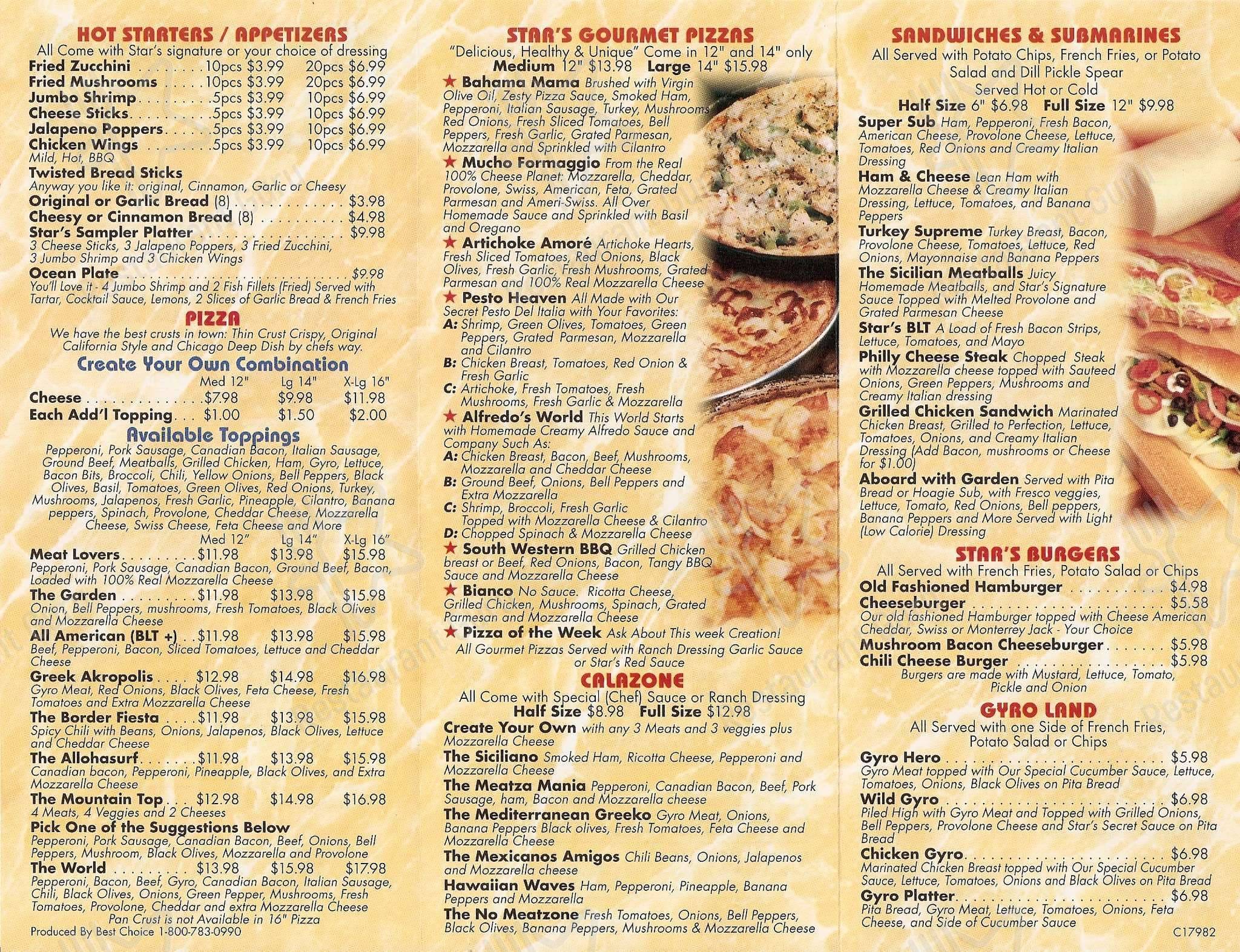 Stars Pizza Cafe & Grill menu