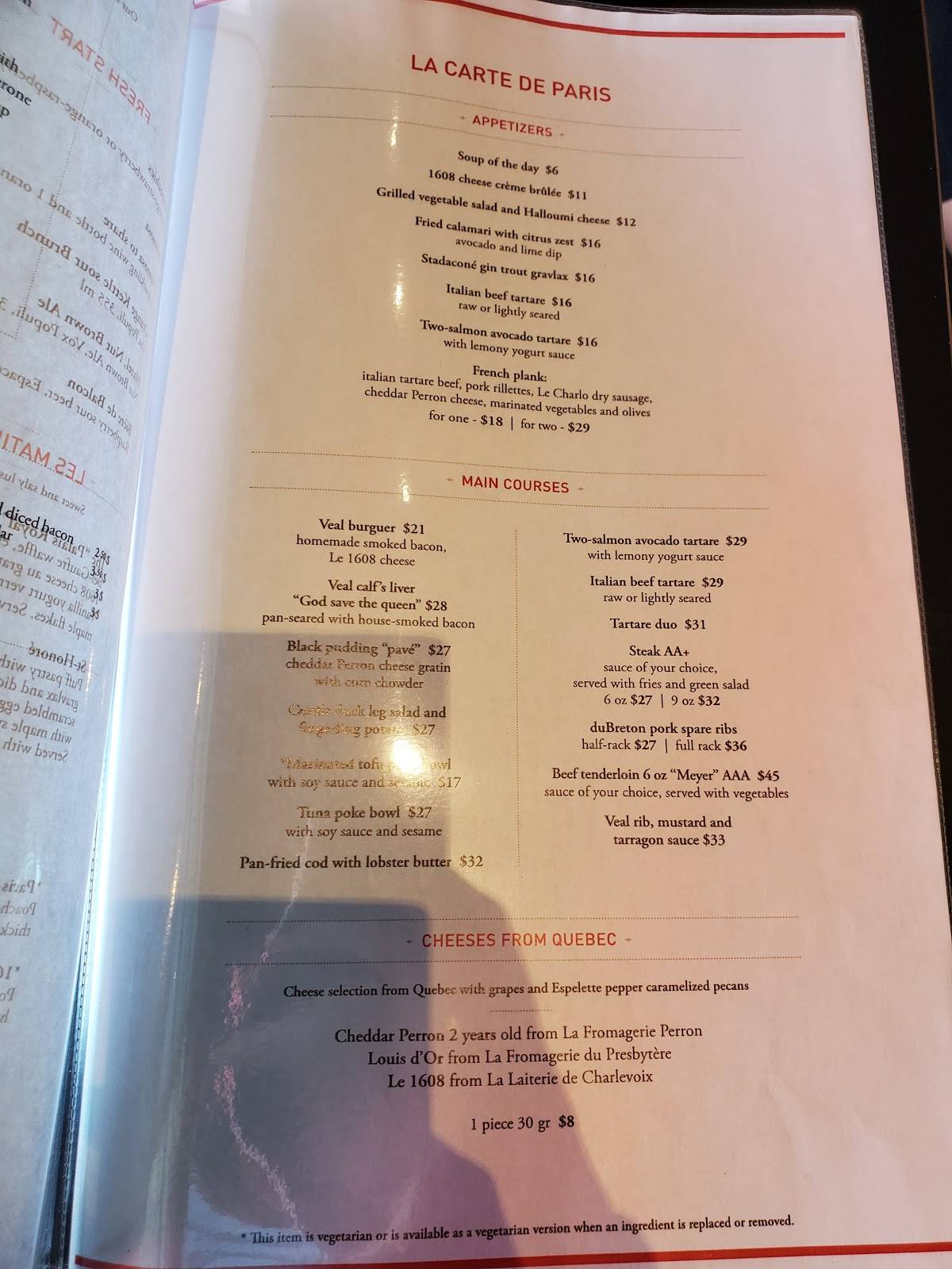 Menu au Paris Grill restaurant à viande, Québec, Bd Laurier