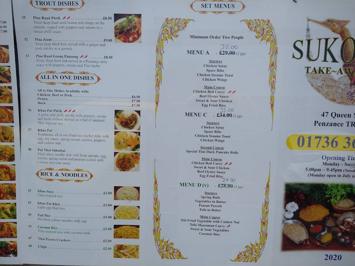 Menu at Sukothai restaurant, Penzance