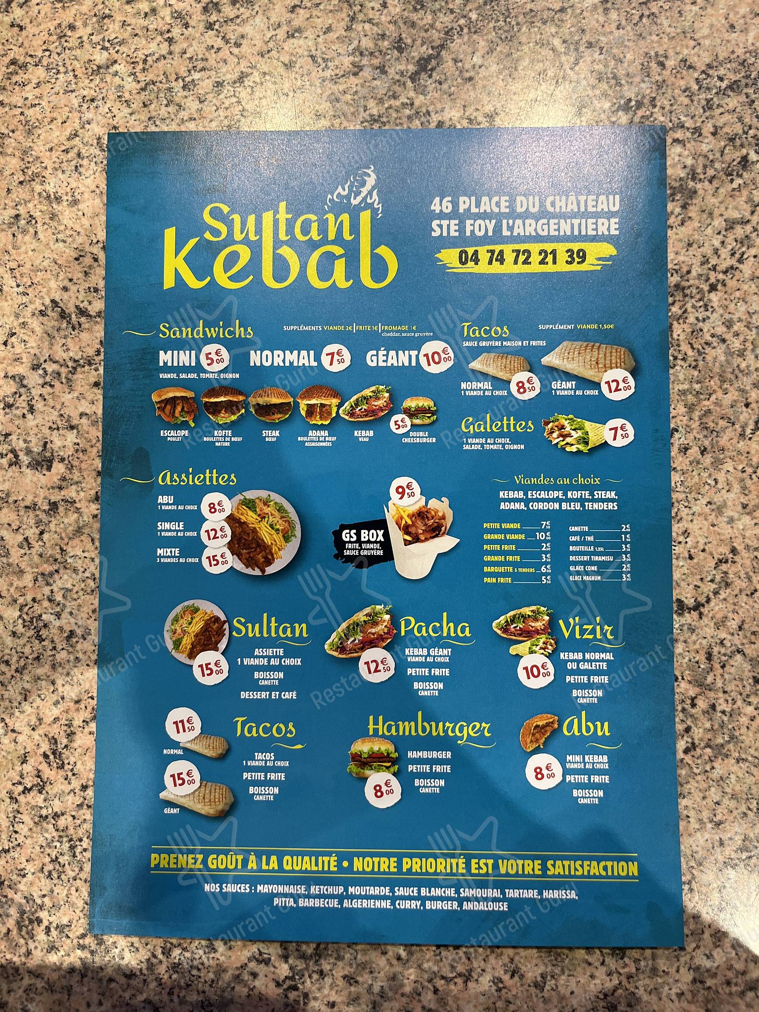 Menu au Sultan Kebab fast food Sainte Foy l Argentière