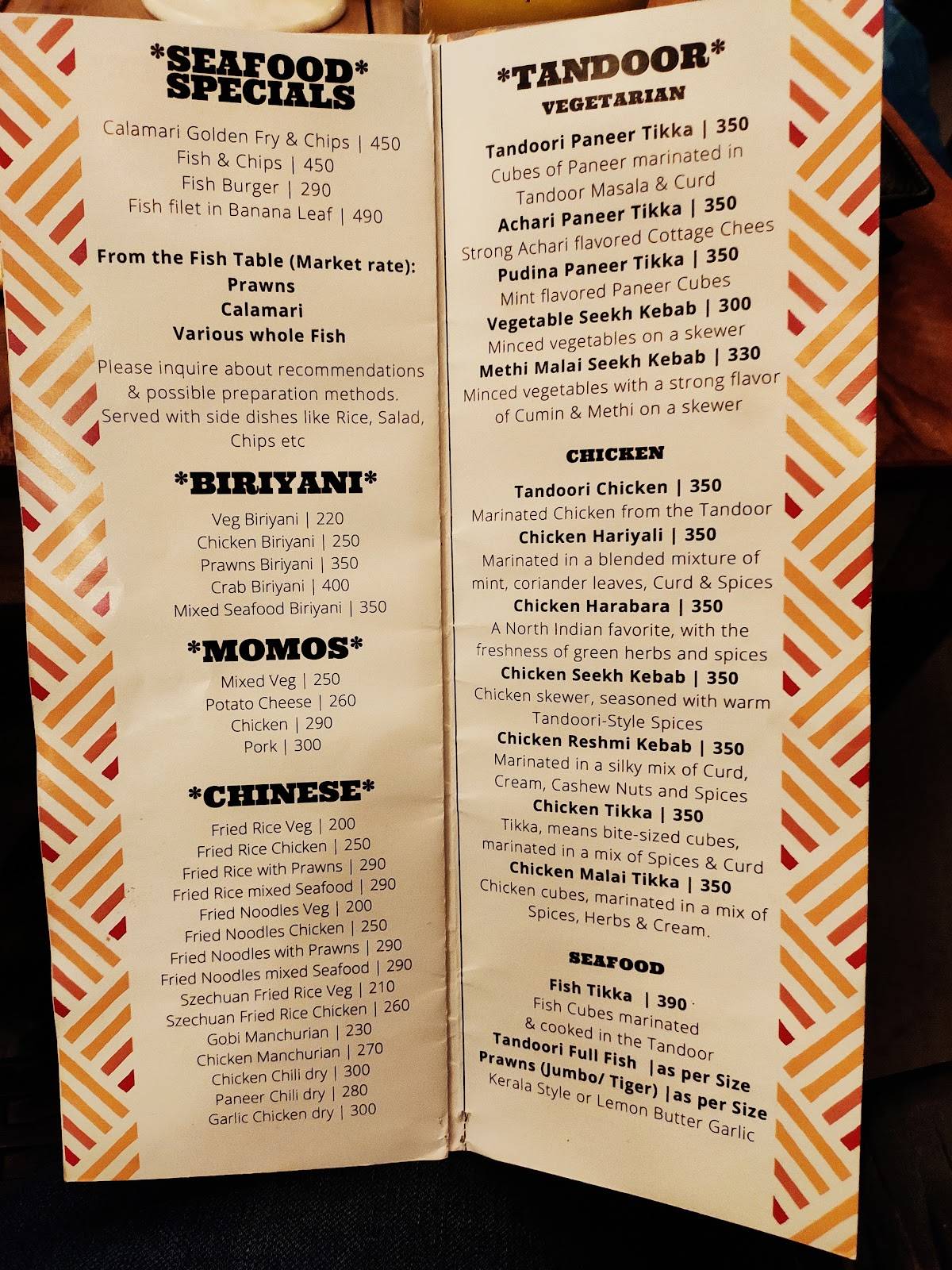 Menu at Sun Francisco, Varkala