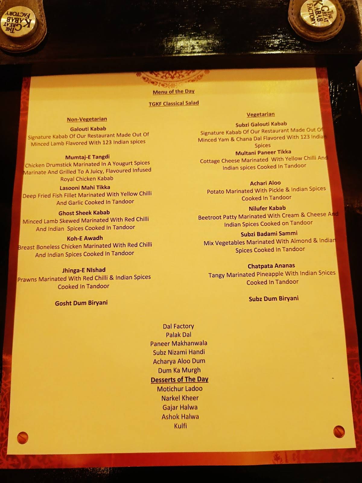 THE GREAT KABAB FACTORY menu