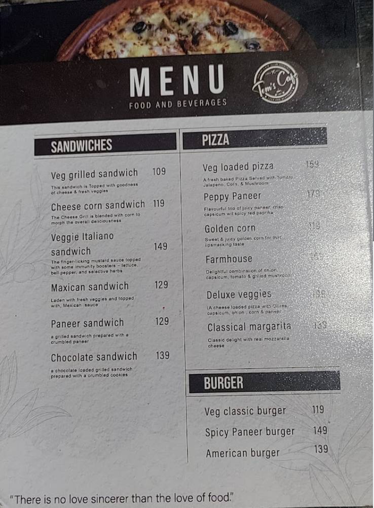Tom's Cafe menu