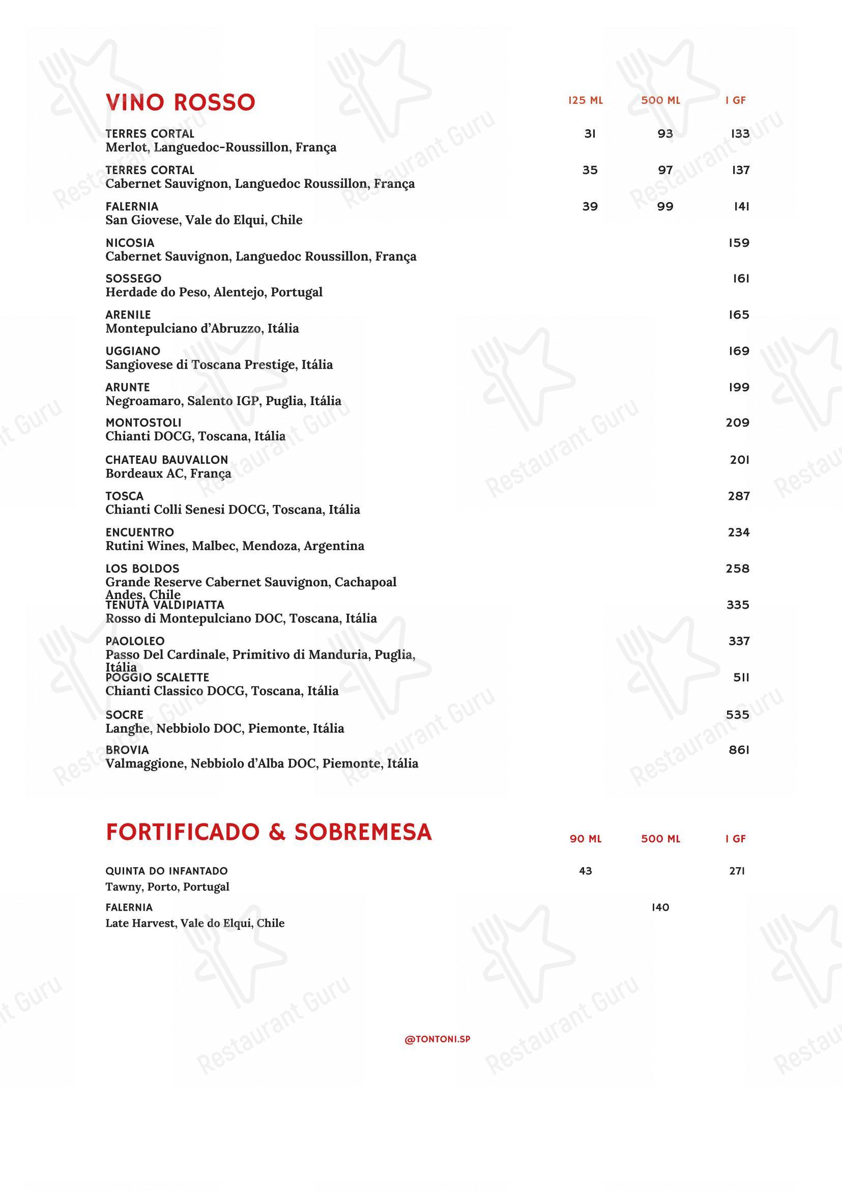 TONTONI TRATTORIA em São Paulo - Menu bar