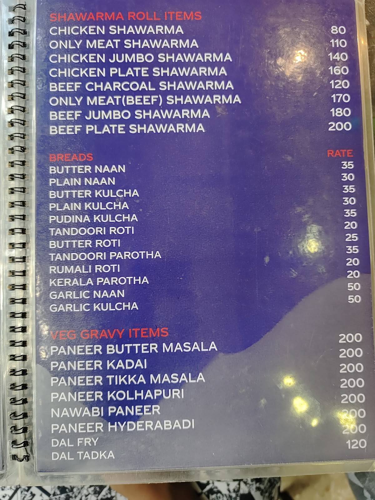 Taj Hotel menu