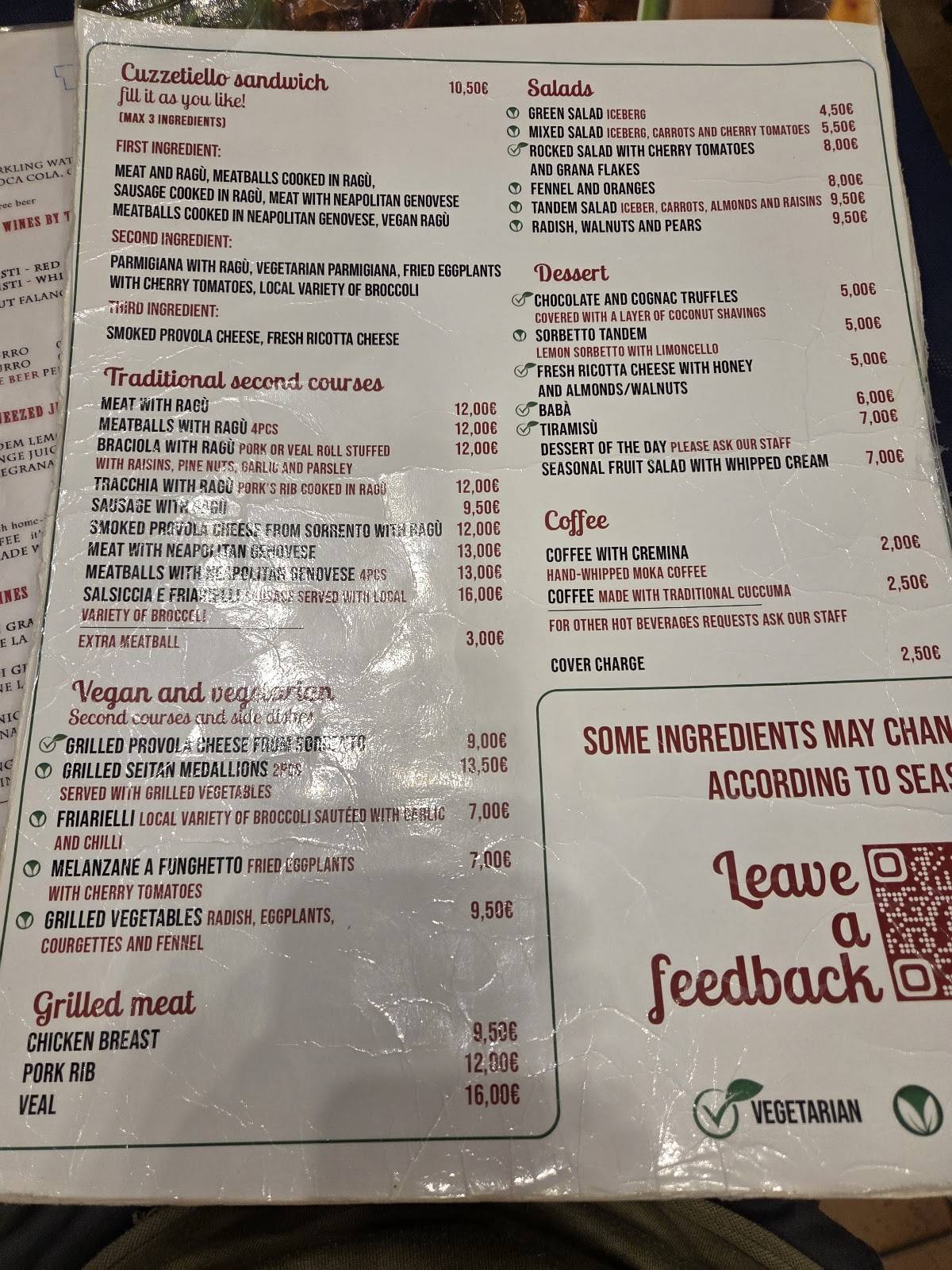 Menu di Tandem Ragù - Via Paladino 