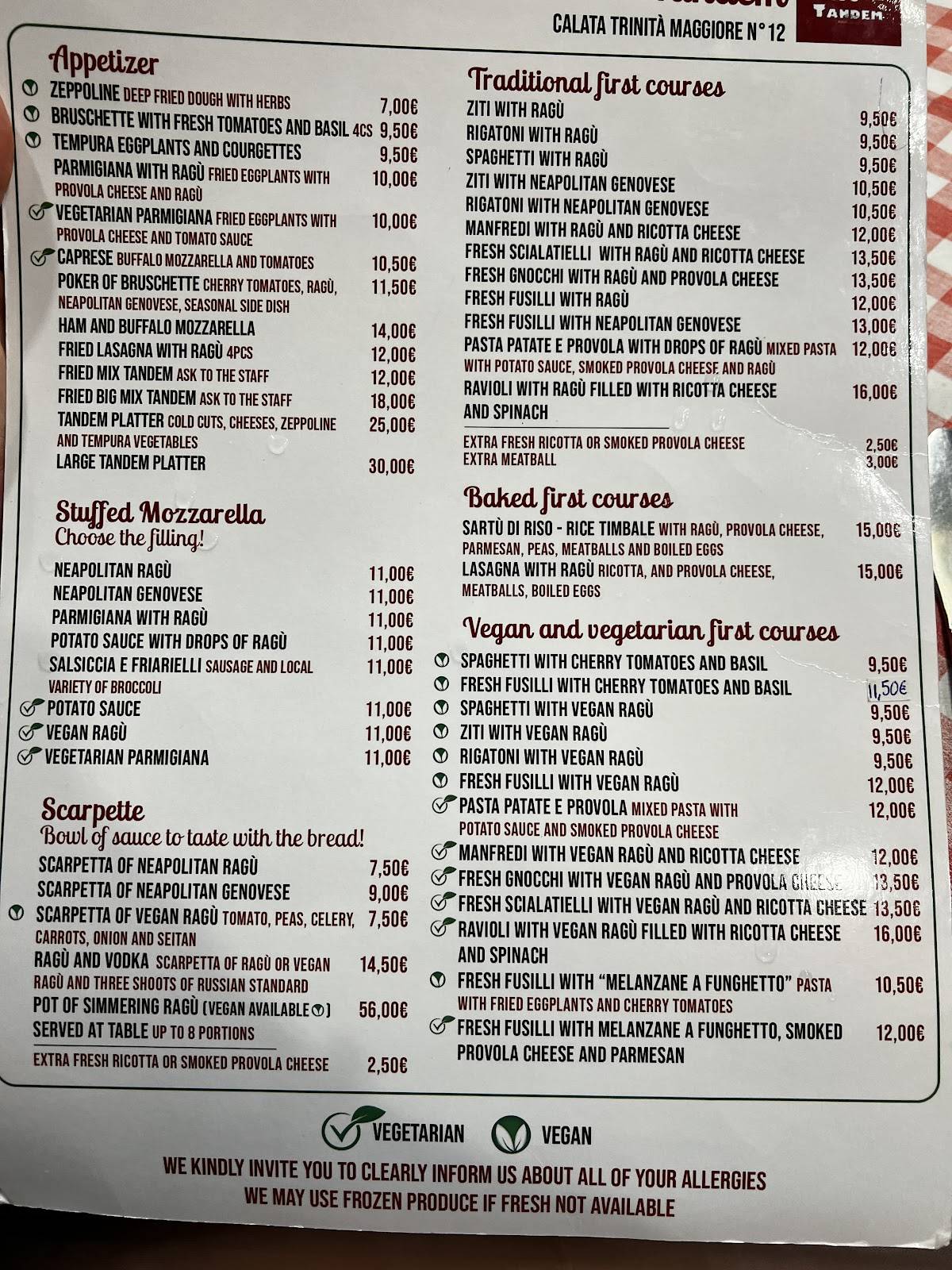 Menu de Tandem Ragù - Via Paladino