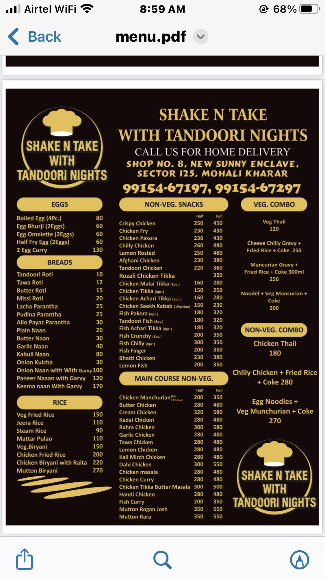 Tandoori nights menu