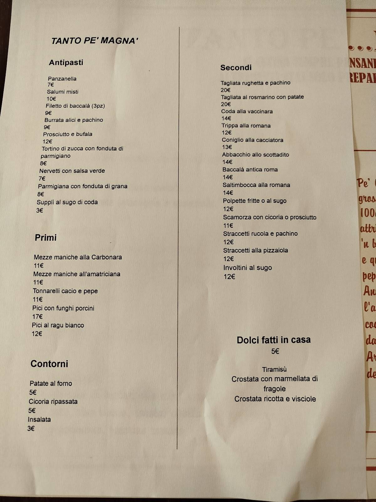 Menu di Tanto pè Magnà 