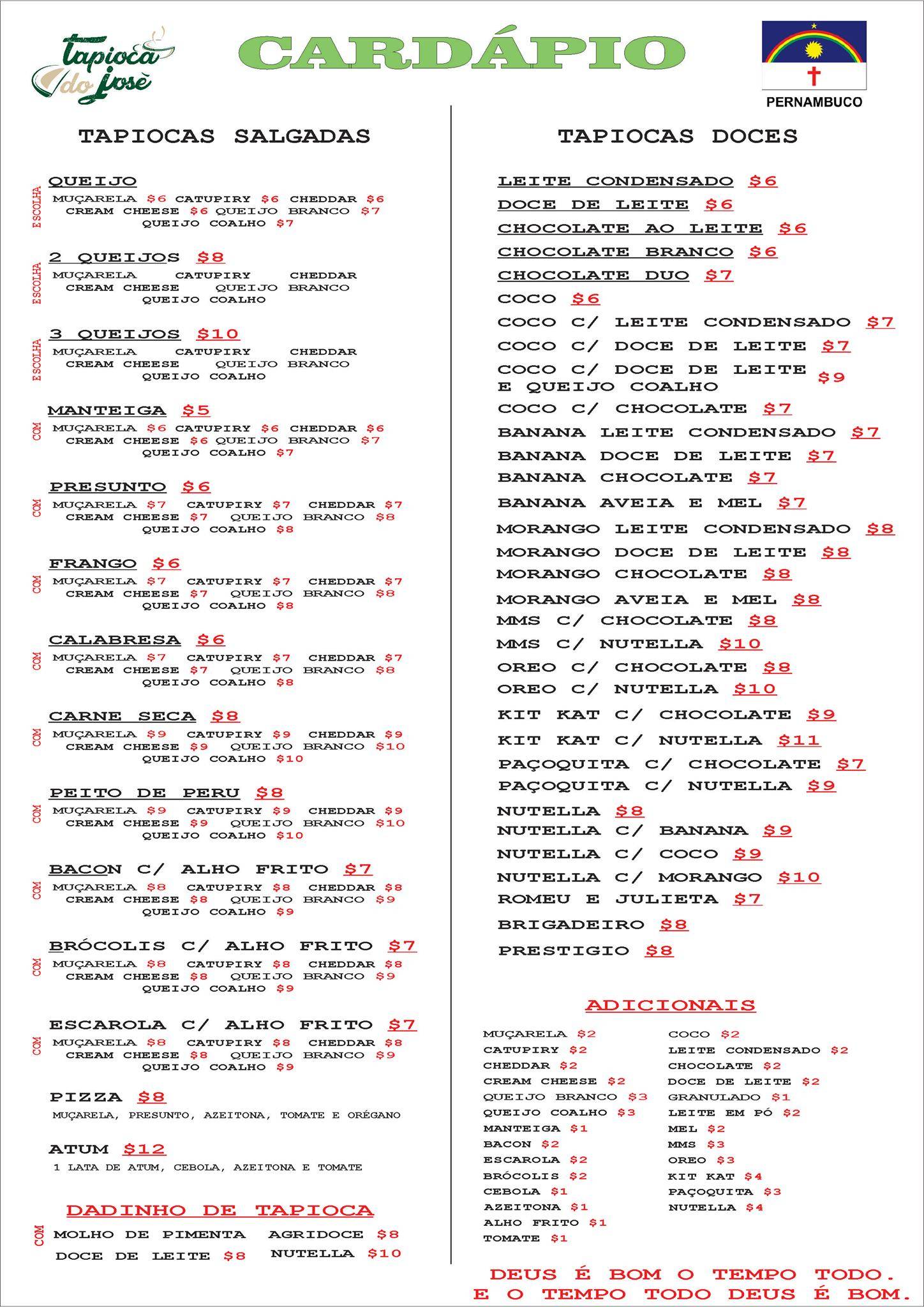 Tapioca do José cardápio