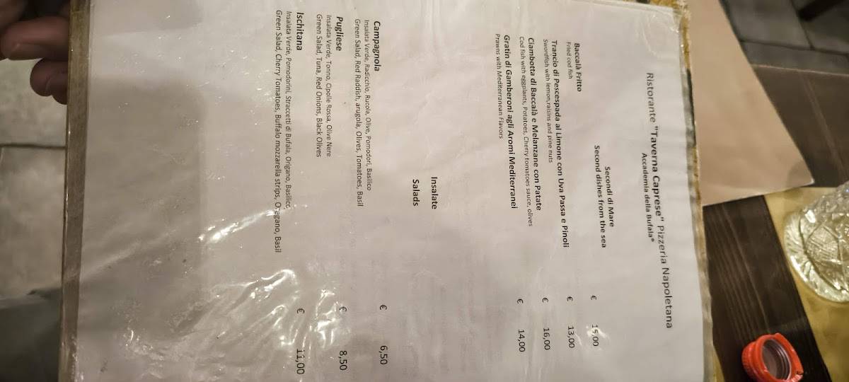Menu di Taverna Caprese Ristorante - Pizzeria Napoletana 