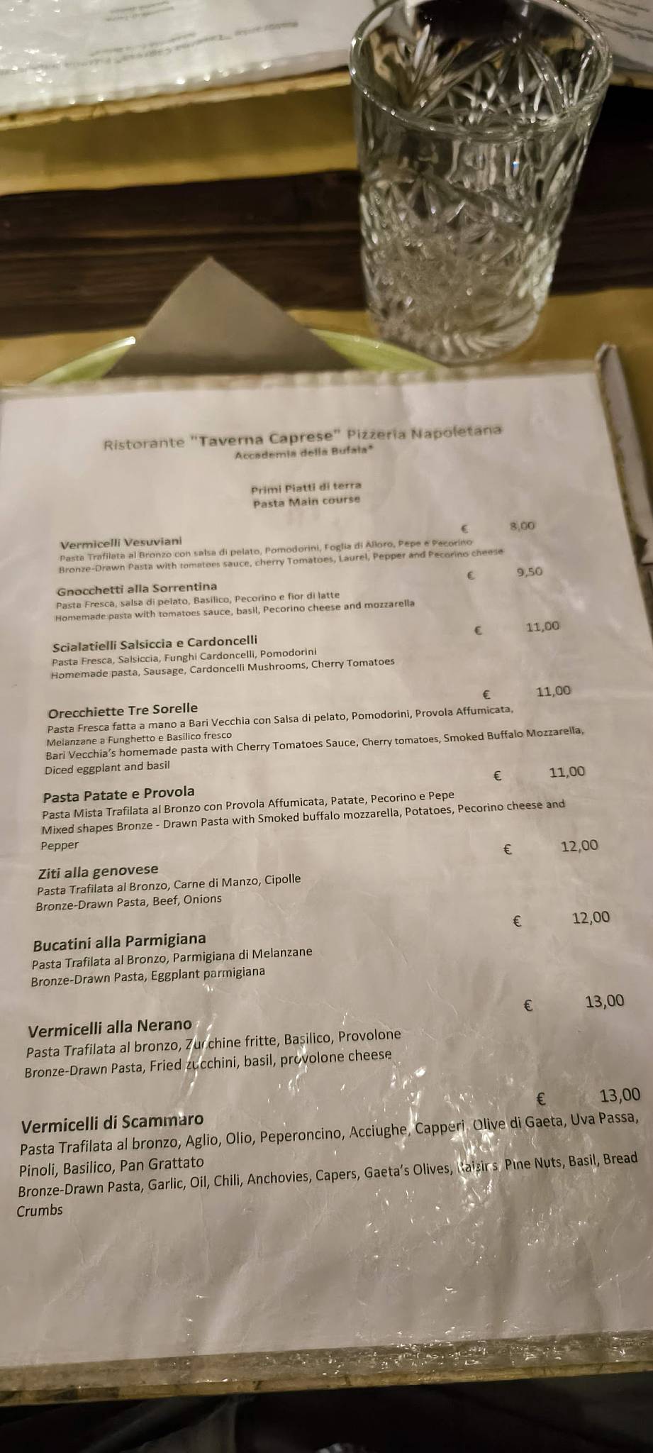 Menu di Taverna Caprese Ristorante - Pizzeria Napoletana 