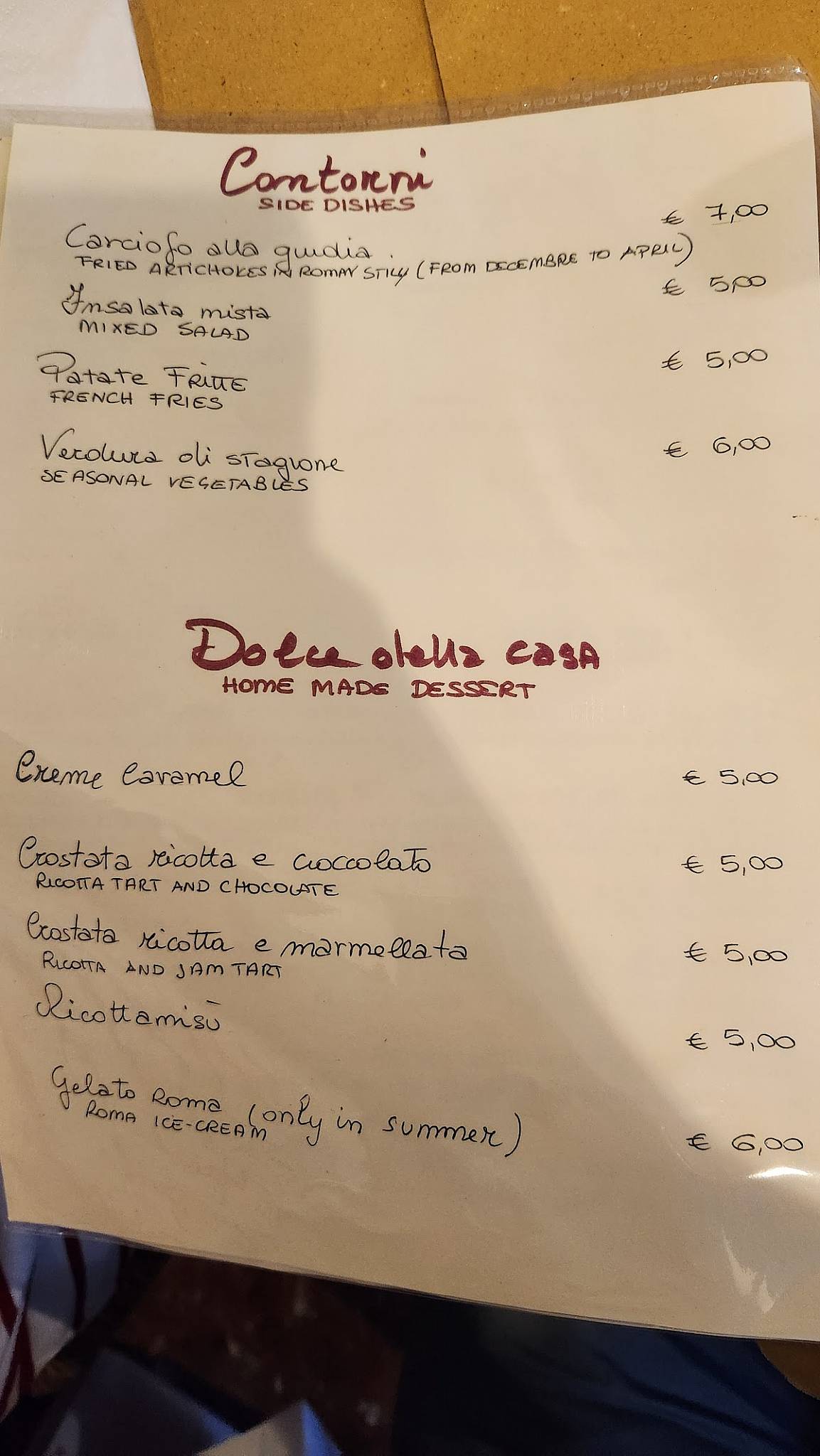 Menu di Taverna Sacchetti 