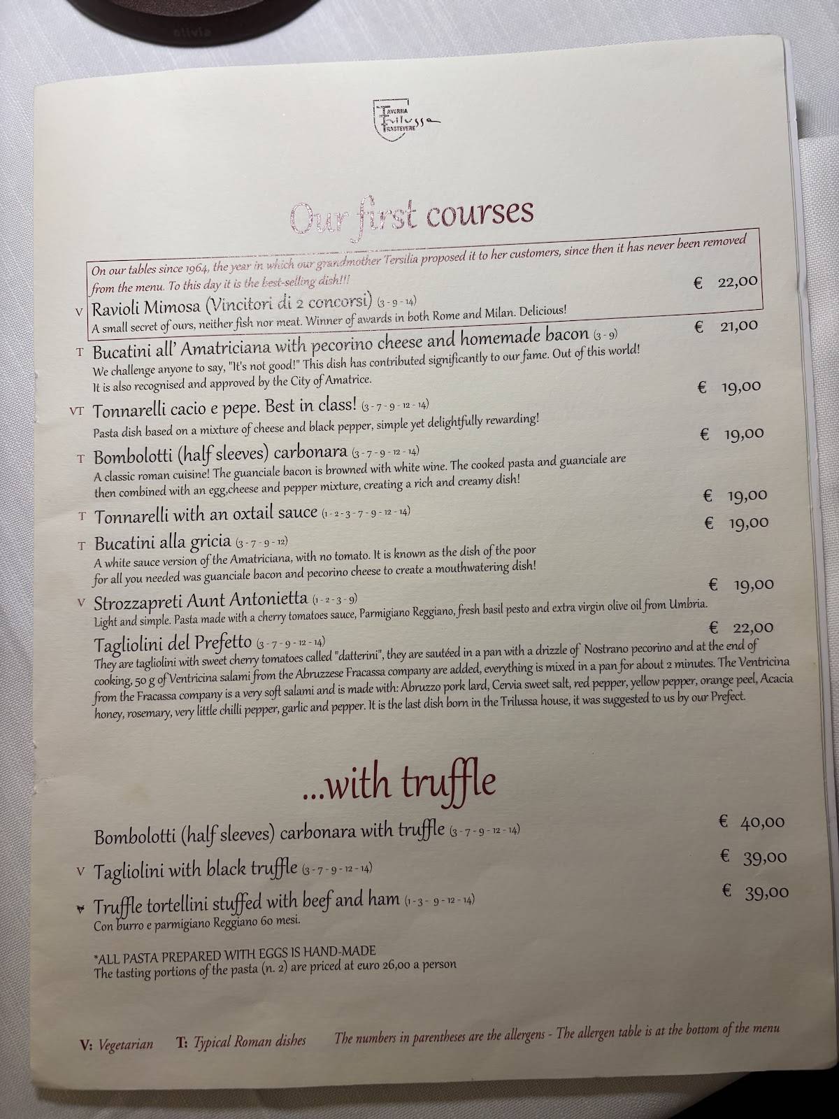 Menu de Taverna Trilussa