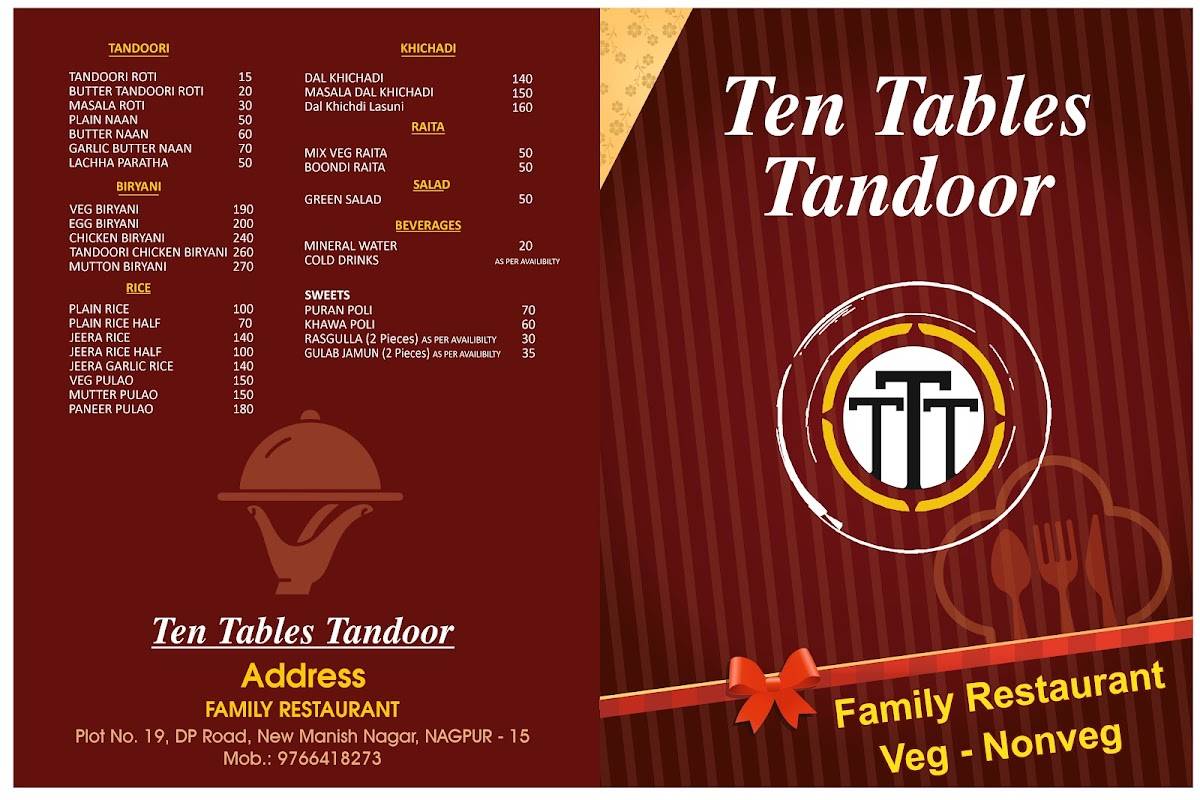 Ten Tables Tandoor Restaurant menu