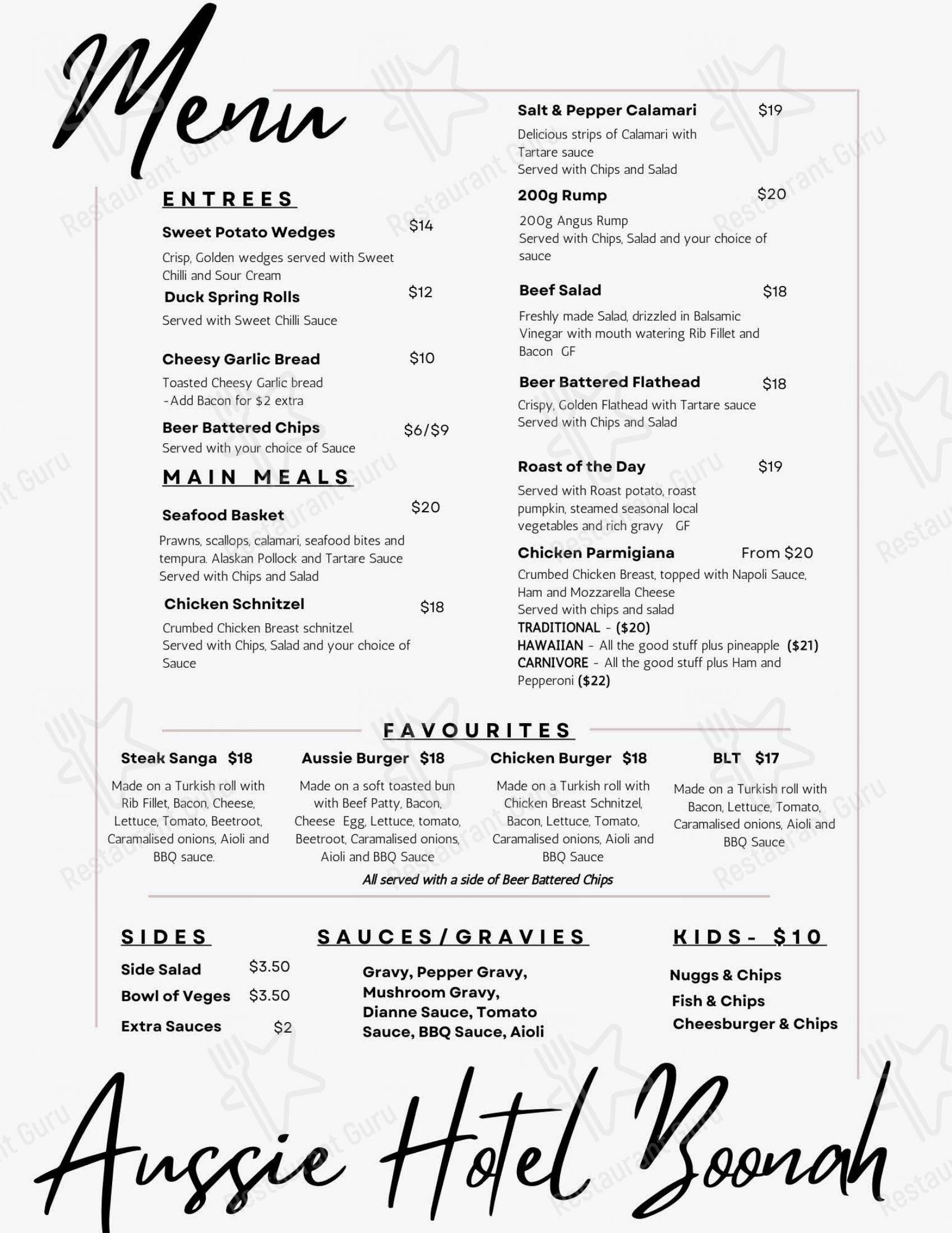 Menu at The Australian Hotel pub & bar, Boonah