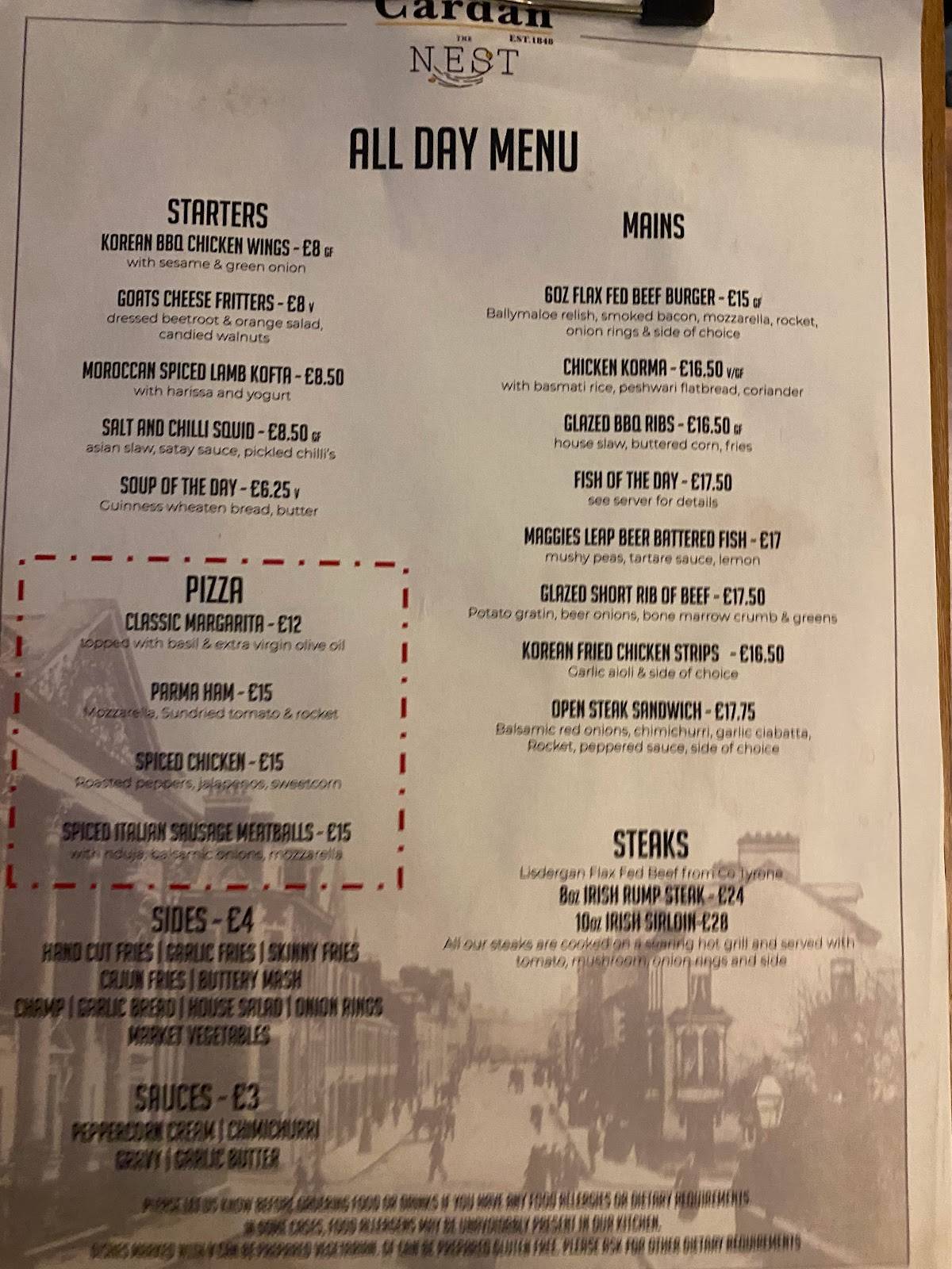 Menu at The Cardan Bar & Grill, Lisburn