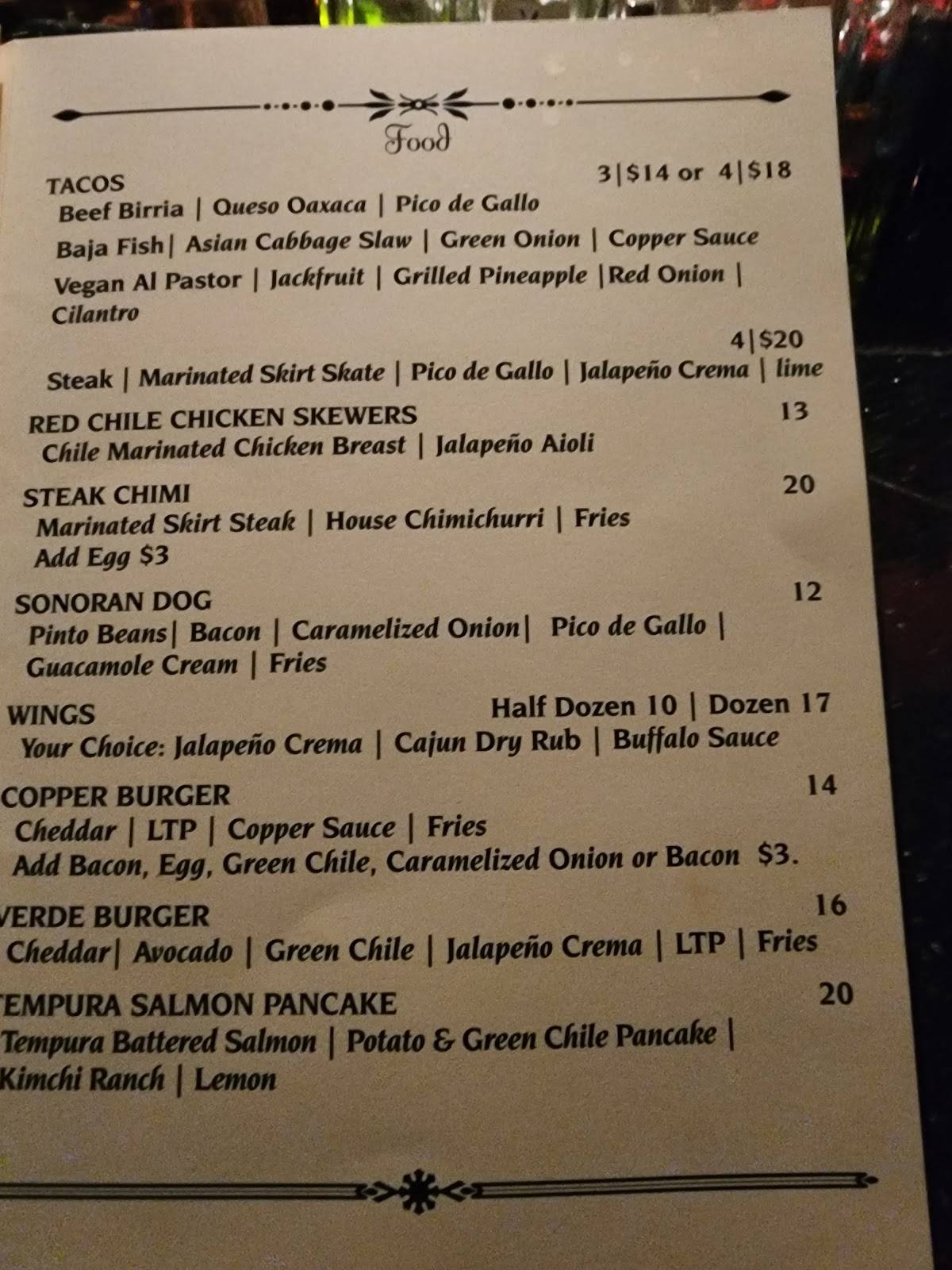 Menu at The Copper Lounge pub & bar, Albuquerque