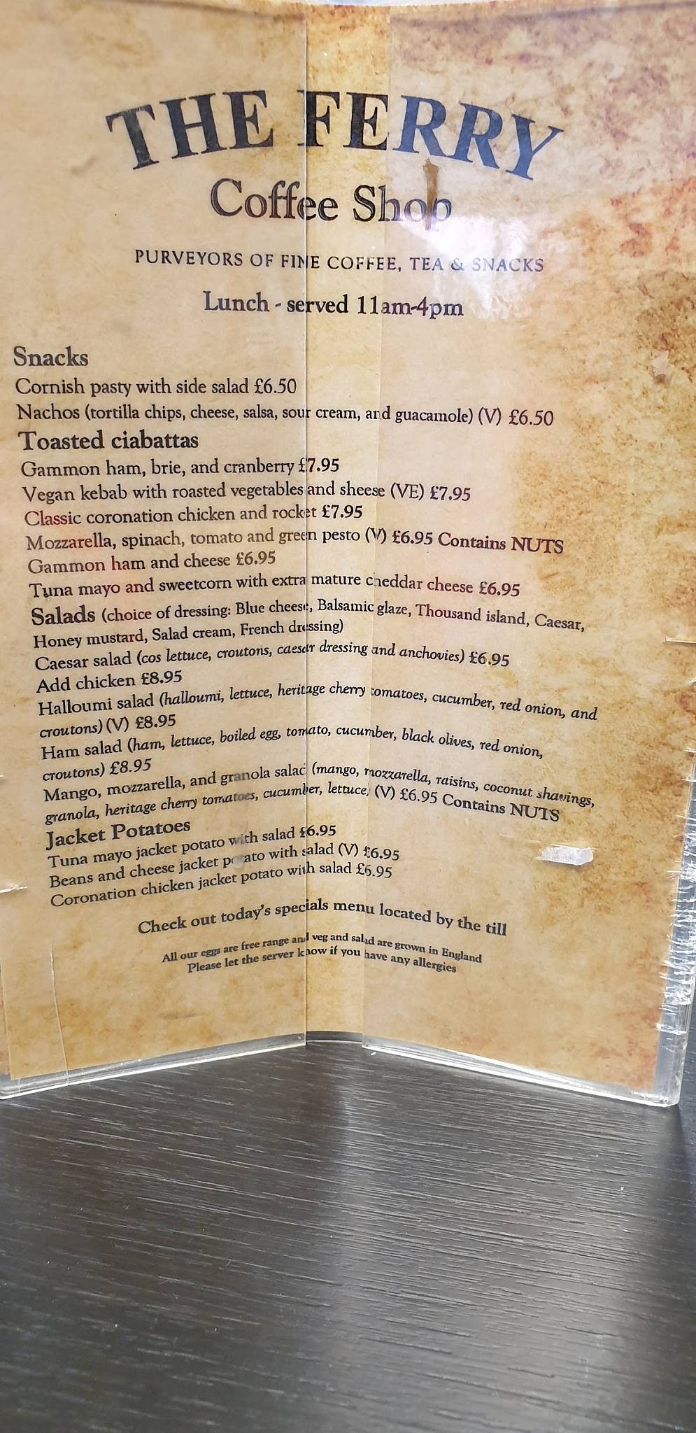 Menu at The Ferry Coffee Shop cafe, Shepperton