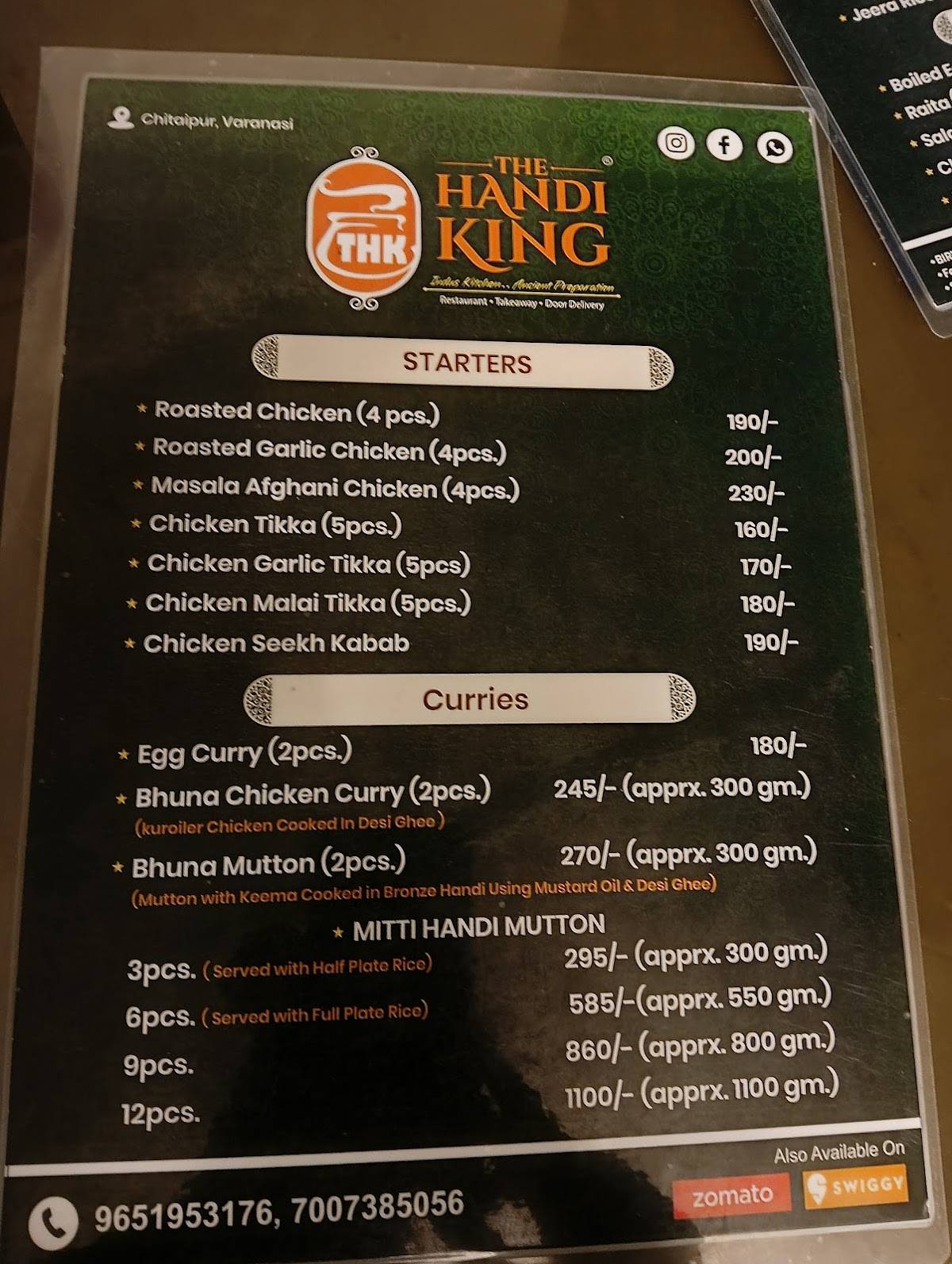 The Handi King menu