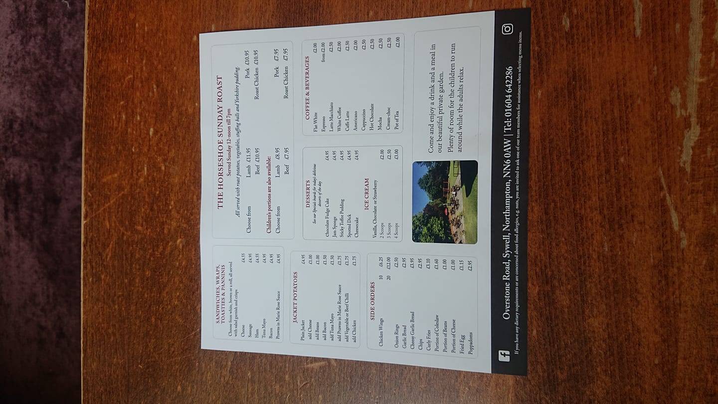 Menu at The Horseshoe Sywell pub & bar, Northampton, 2 Overstone Rd